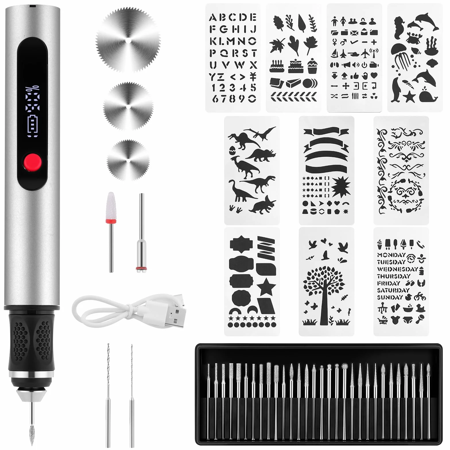 Flintronic Elektryczne pióro do grawerowania, akumulatorowe, z 30 bitami, 10 szablonów, zestaw narzędzi do grawerowania Jwelry, drewna, szkła, ceramiki