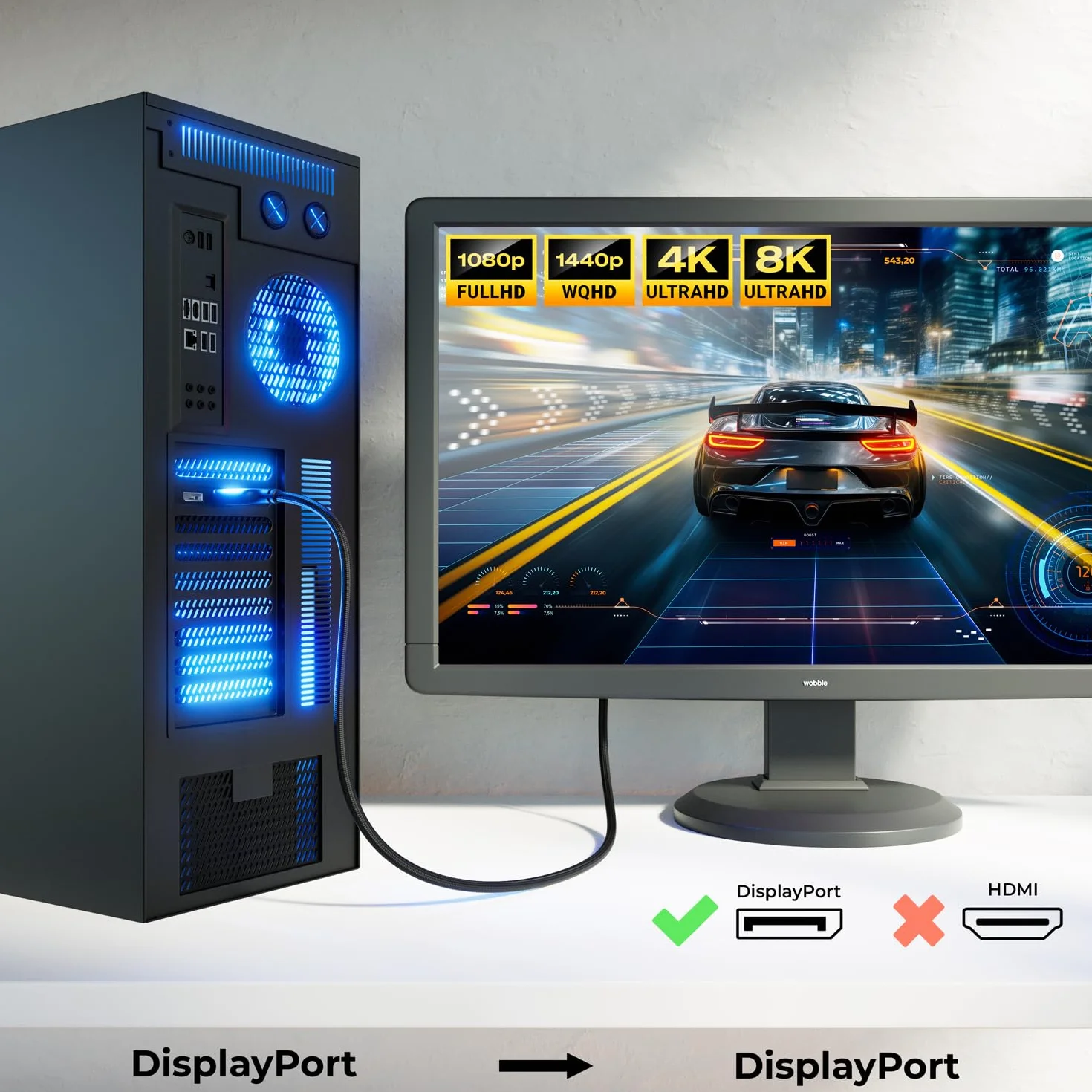 deleyCON 3,0m 8K Kabel DisplayPort (8K@60Hz 4K@165Hz 2K@360Hz) UHD WQHD HDR HDCP 2.2 DisplayPort - AMD FreeSync NVIDIA G-Sync - Idealny do Monitora do Gier i DisplayPort - Szaro-Czarny