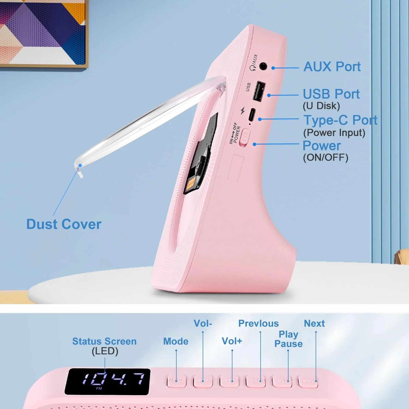 Odtwarzacz CD Stereo, Odtwarzacz CD Bluetooth z Pilot Zdalny, Wbudowany Głośnik, FM, Wejście USB, Wejście/Wyjście AUX, Różowy Domowy Przenośny Odtwarzaczs CDs