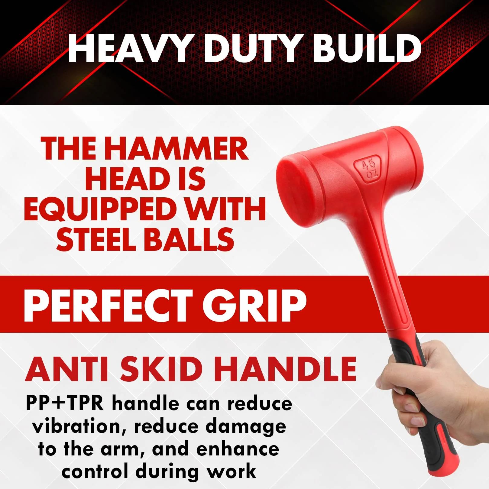 YIYITOOLS Dead Blow Hammer-1275 g (1,4 kg), odporna na wstrząsy konstrukcja, bez odbicia, czerwony i czarny