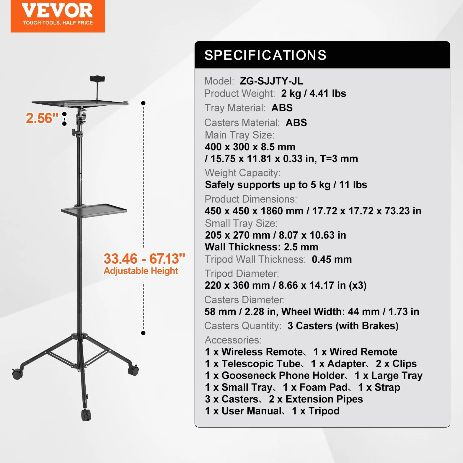 VEVOR Stojak do projektora laptopa z kółkami o regulowanej wysokości 795-1710 mm, stojak do projektora telefonu z 2 tacami na łabędzią szyję, do filmów na świeżym powietrzu, domu, biura lub gabinetu