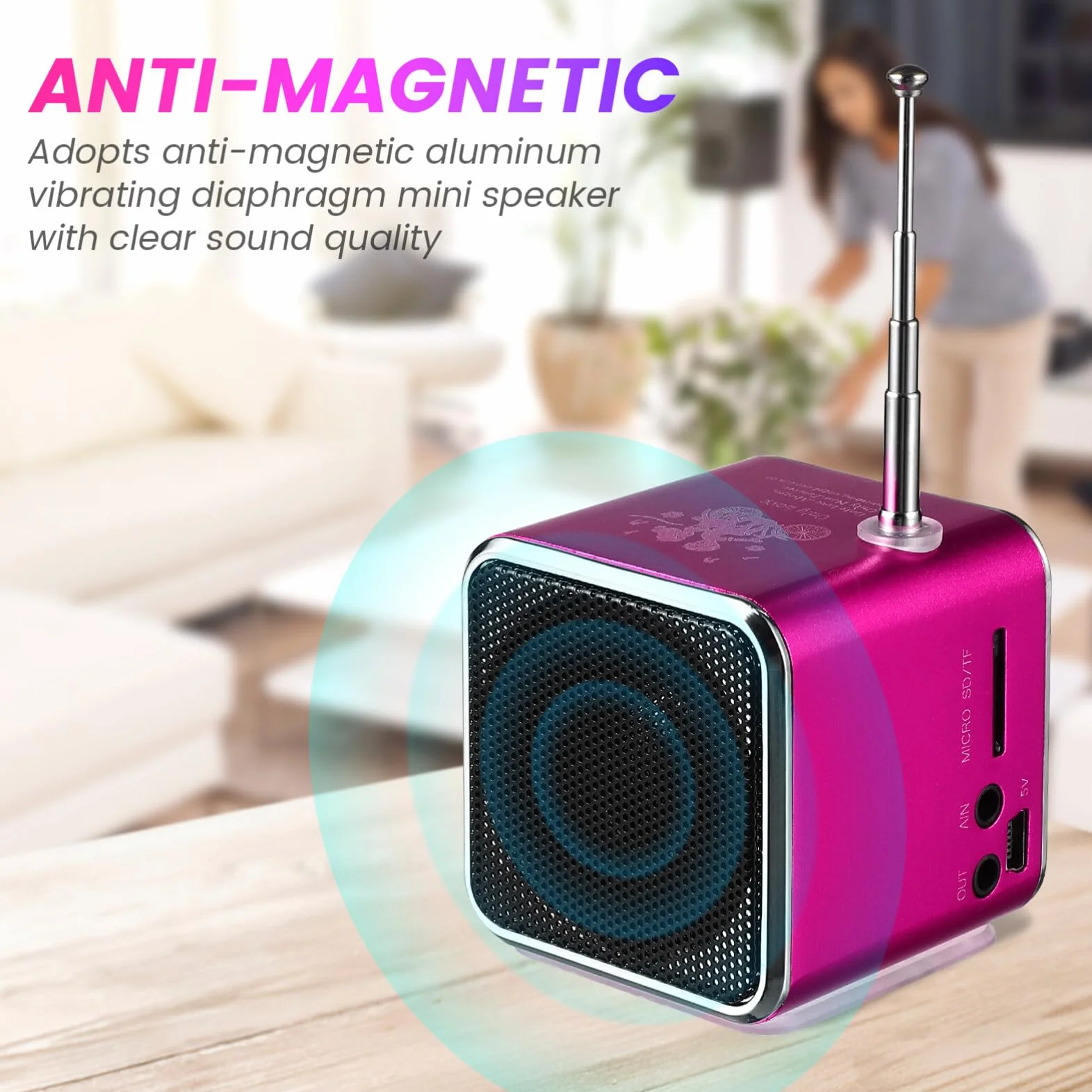 iplusmile -V26 cyfrowy głośnik mini radio FM stereo MP3 MP4 odtwarzacz muzyki obsługuje karty Micro Sd/TF/USB/Disk/Fm (różowy)