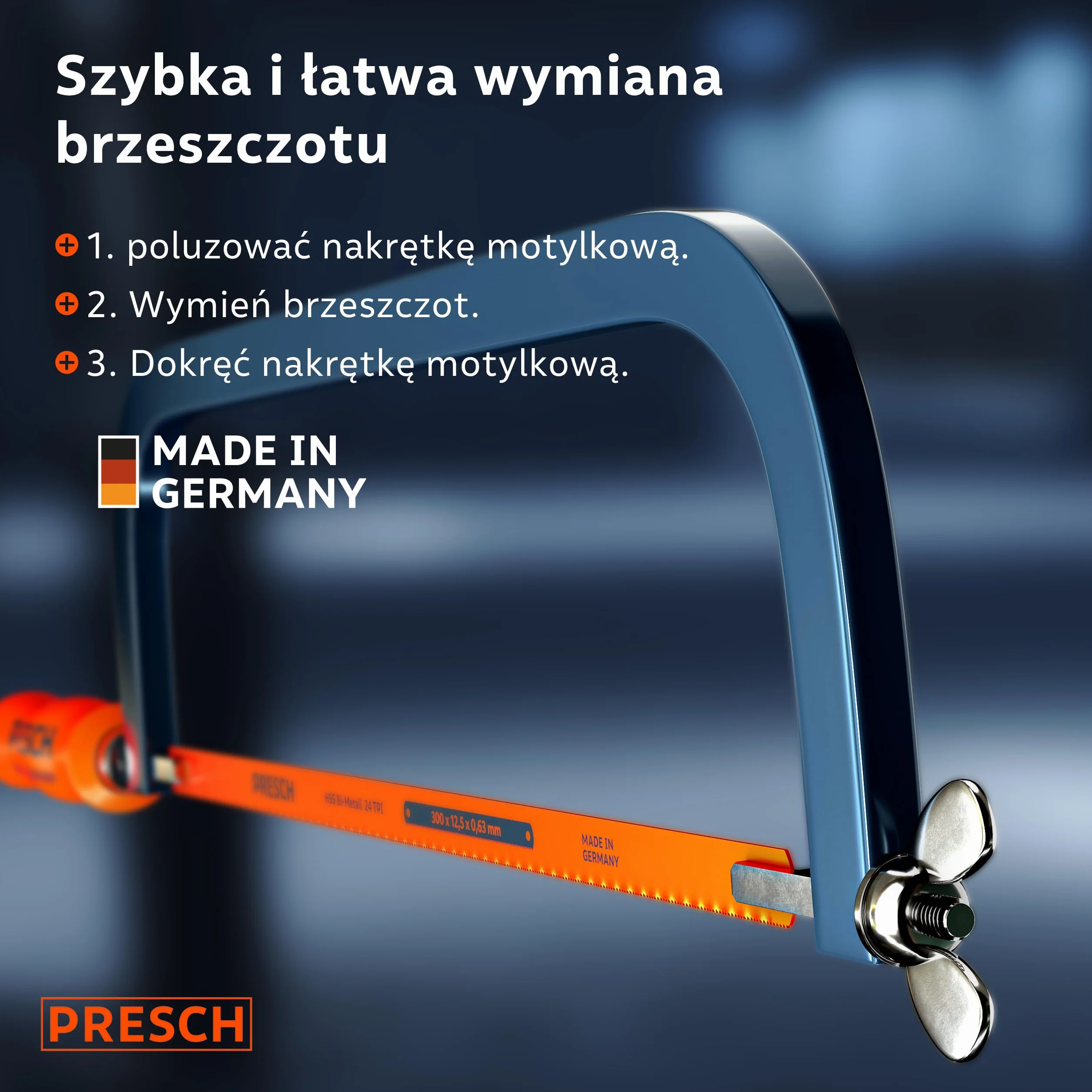 Presch Piła do metalu 300mm - Z brzeszczotem BI-metal do precyzyjnego cięcia - Obrót brzeszczotu o 90° do cięć poziomych i pionowych - Szybka wymiana brzeszczotów - Pila ręczna