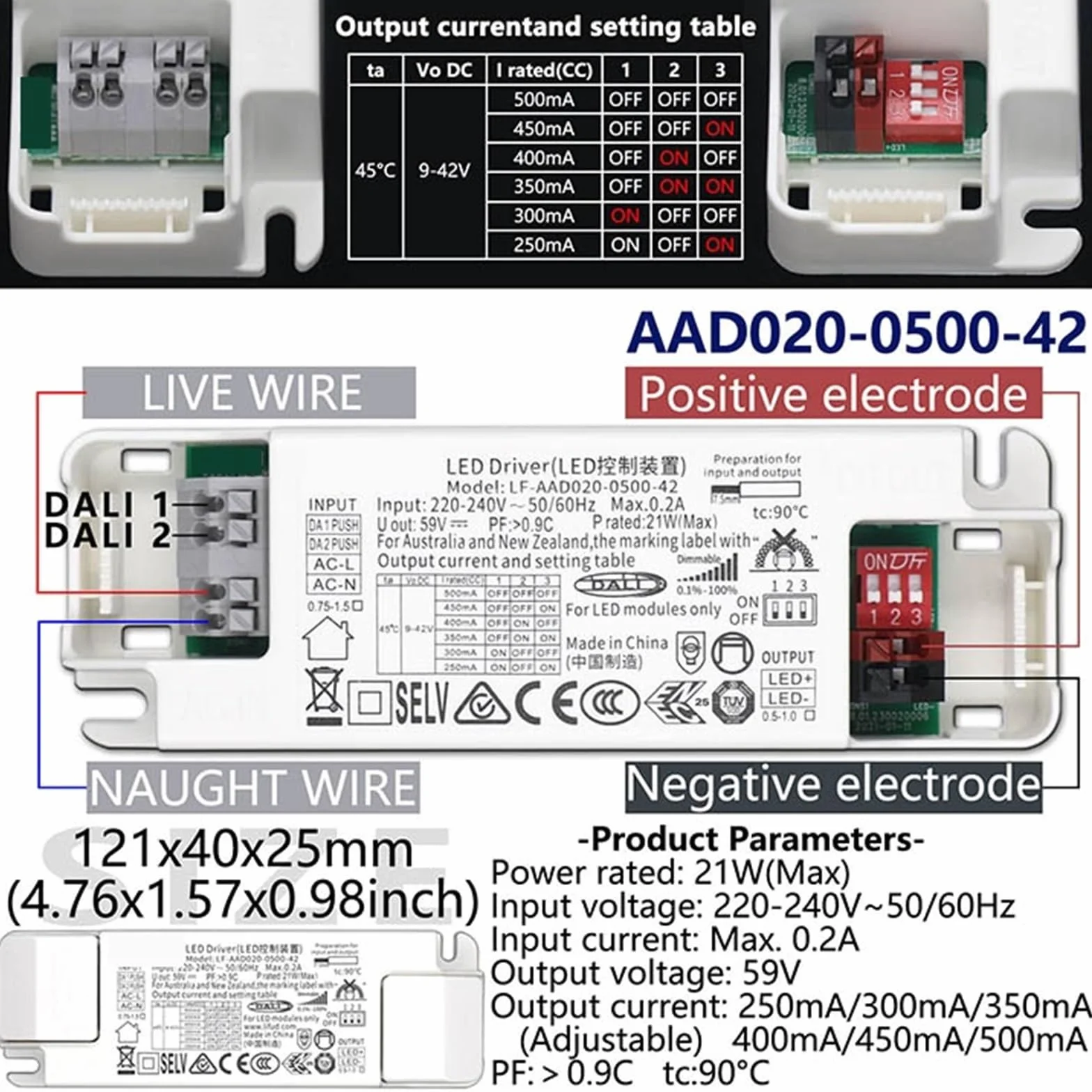 Sterownik ściemniacza LED 8,4 W, 21 W, 31,5 W, 40 W, zasilacz AC 220-240 V, 9-42 V DC, 100-1050 mA, regulowany prąd, 1 szt. (21 W, 500 mA), maks