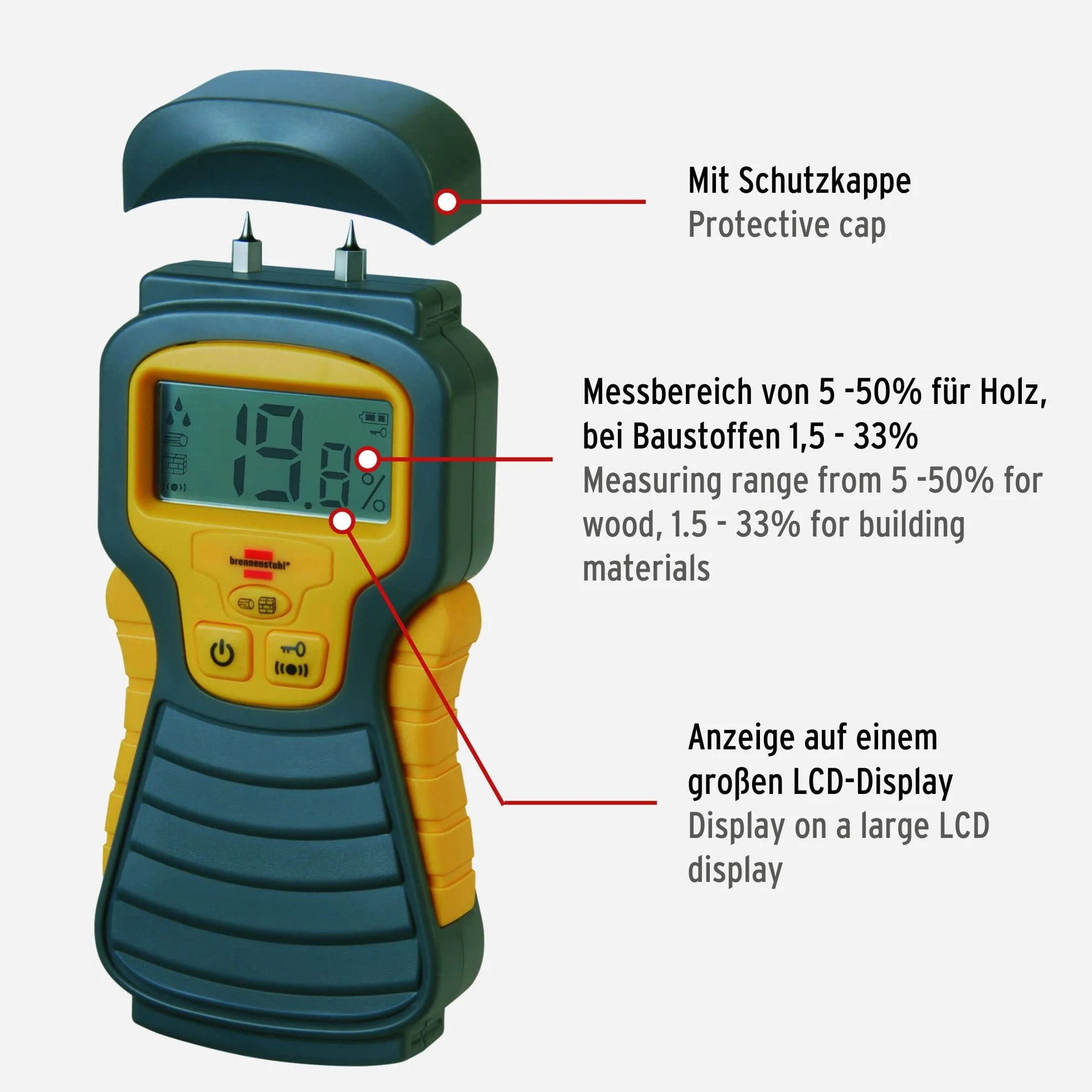 Brennenstuhl detector wilgotności MD (miernik wilgotności/wilgotności drewna lub materiałów budowlanych, z wyświetlaczem LCD)