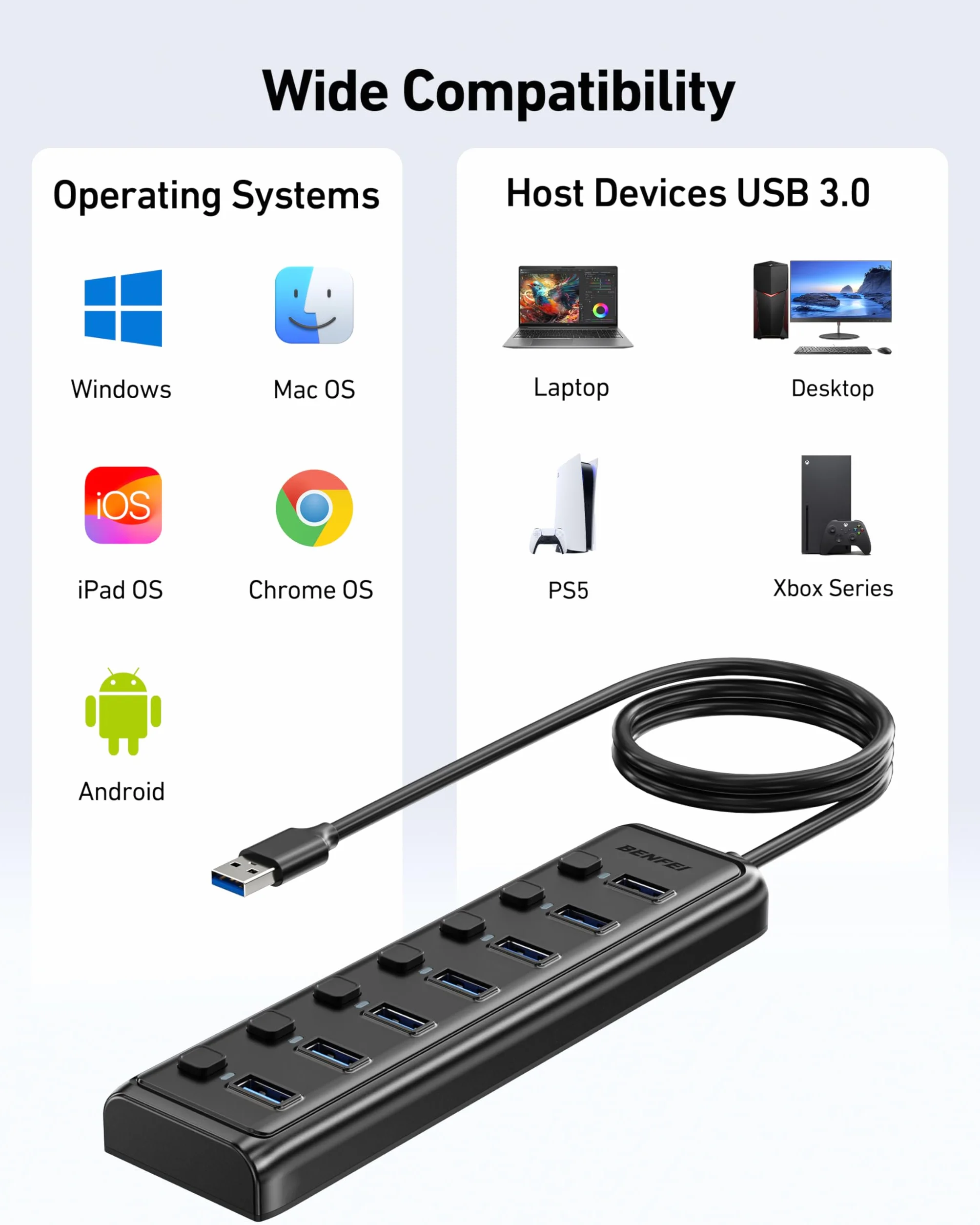 BENFEI Hub USB 3.0 7-portowy, ultracienki przenośny rozdzielacz USB 1 m, kompatybilny z MacBook, Surface Pro, PC