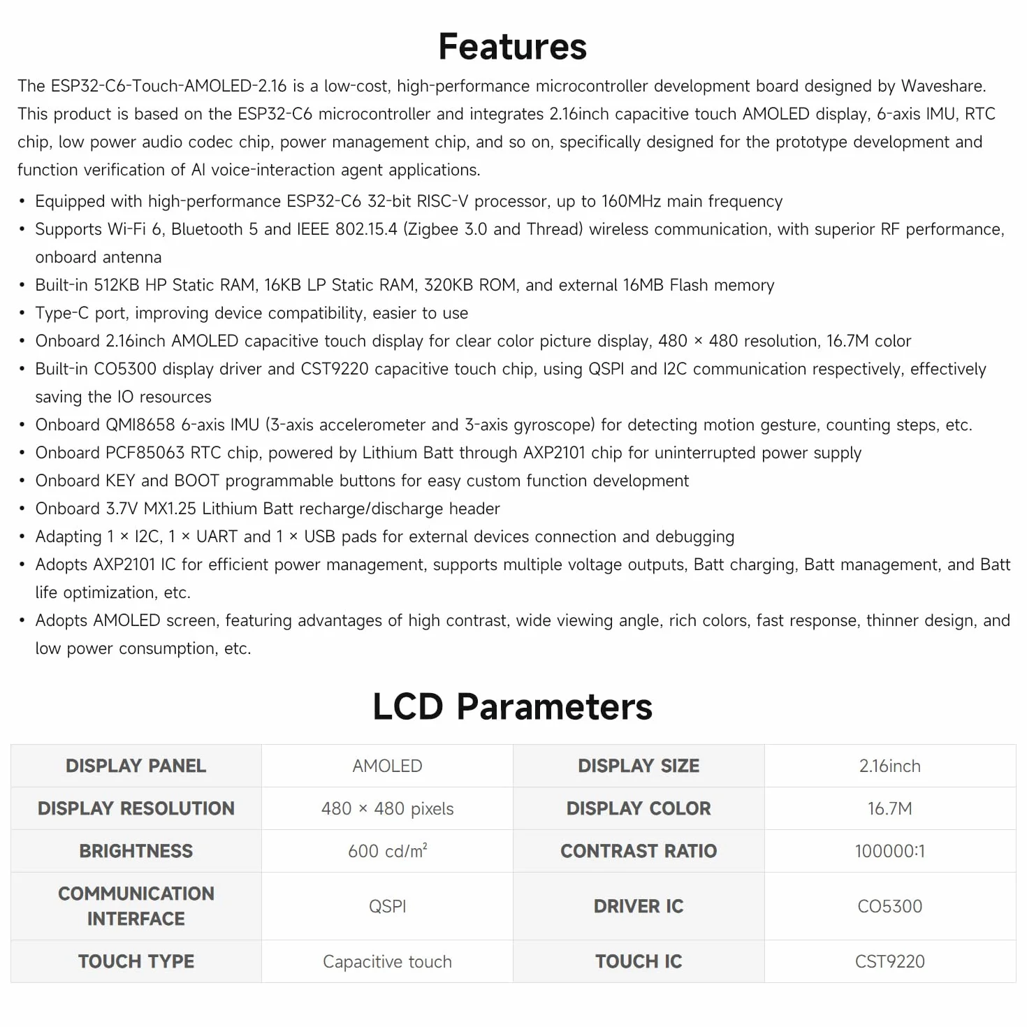 Waveshare ESP32-C6 2.16inch AMOLED Display Touch Screen Development Board 480x480 16.7M Color Wi-Fi 6 BLE 5