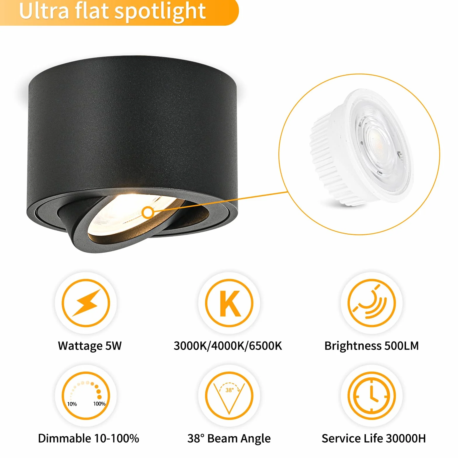 GeyouLux Ściemnialna lampa sufitowa LED, 5 W, Ø80 x 50 mm 3000 K/4000 K/6500K, obrót o 30° Spot łazienkowy, okrągły aluminiowy czarny reflektor sufitowy LED, 4 sztuki