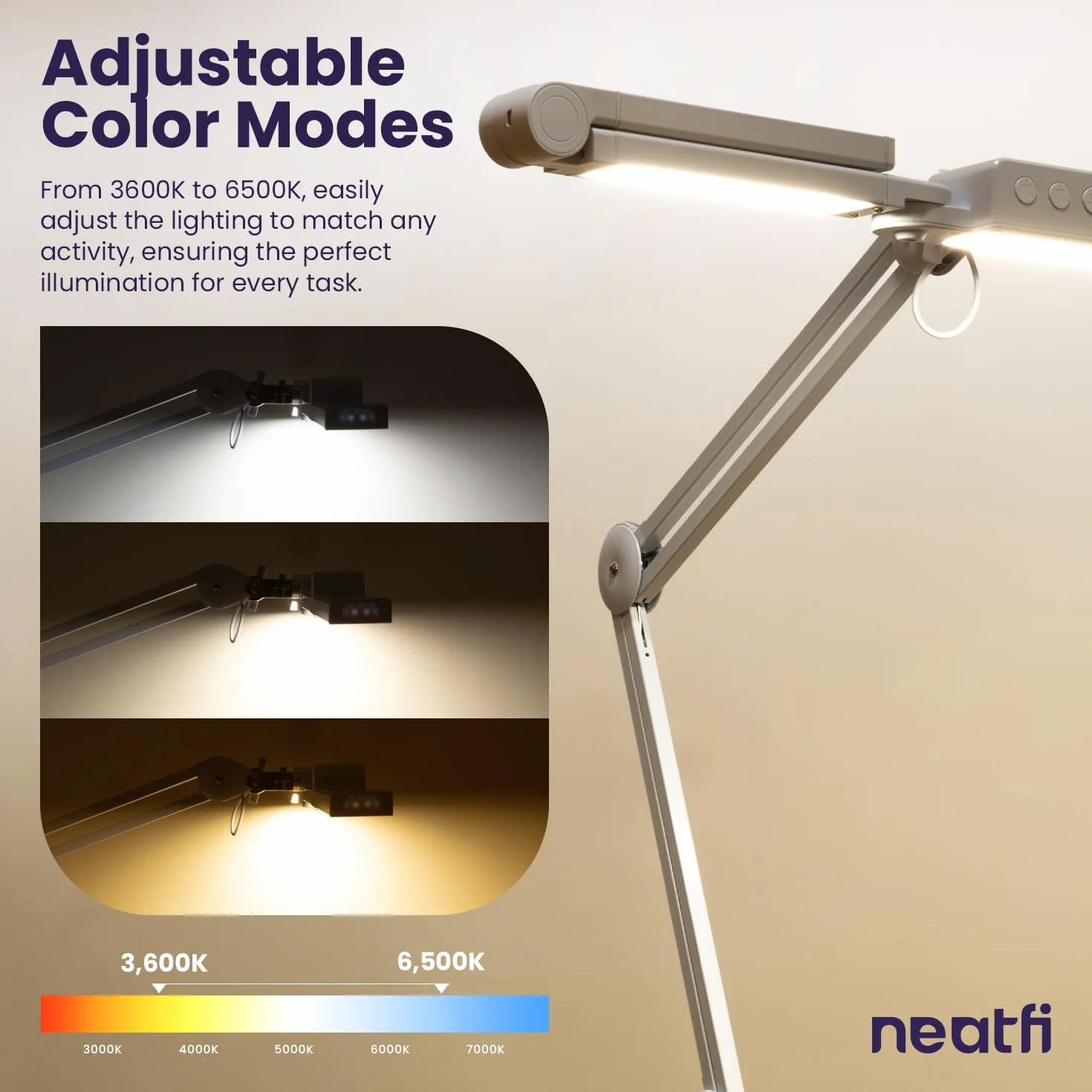 Neatfi lampa biurkowa LED 3 000 lumenów, regulowana lampa biurkowa z 360 diodami LED SMD, 30 W, CRI 95, regulowana temperatura barwowa do domu i biura (CCT z Zaciskiem, Biały, 112 CM)