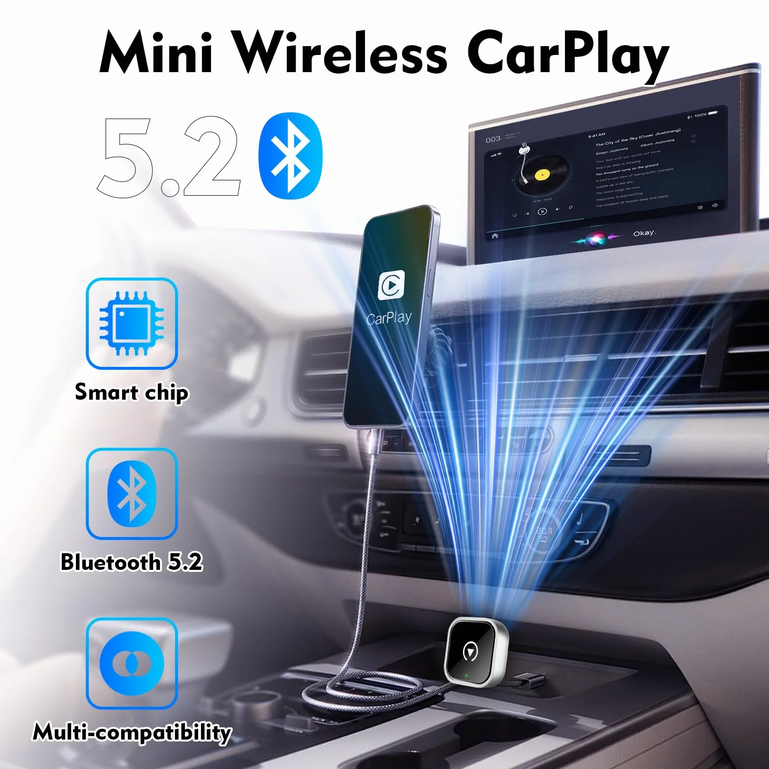 Bezprzewodowy Adapter Carplay 2 w 1, konwertuje przewodowy na bezprzewodowy, mini