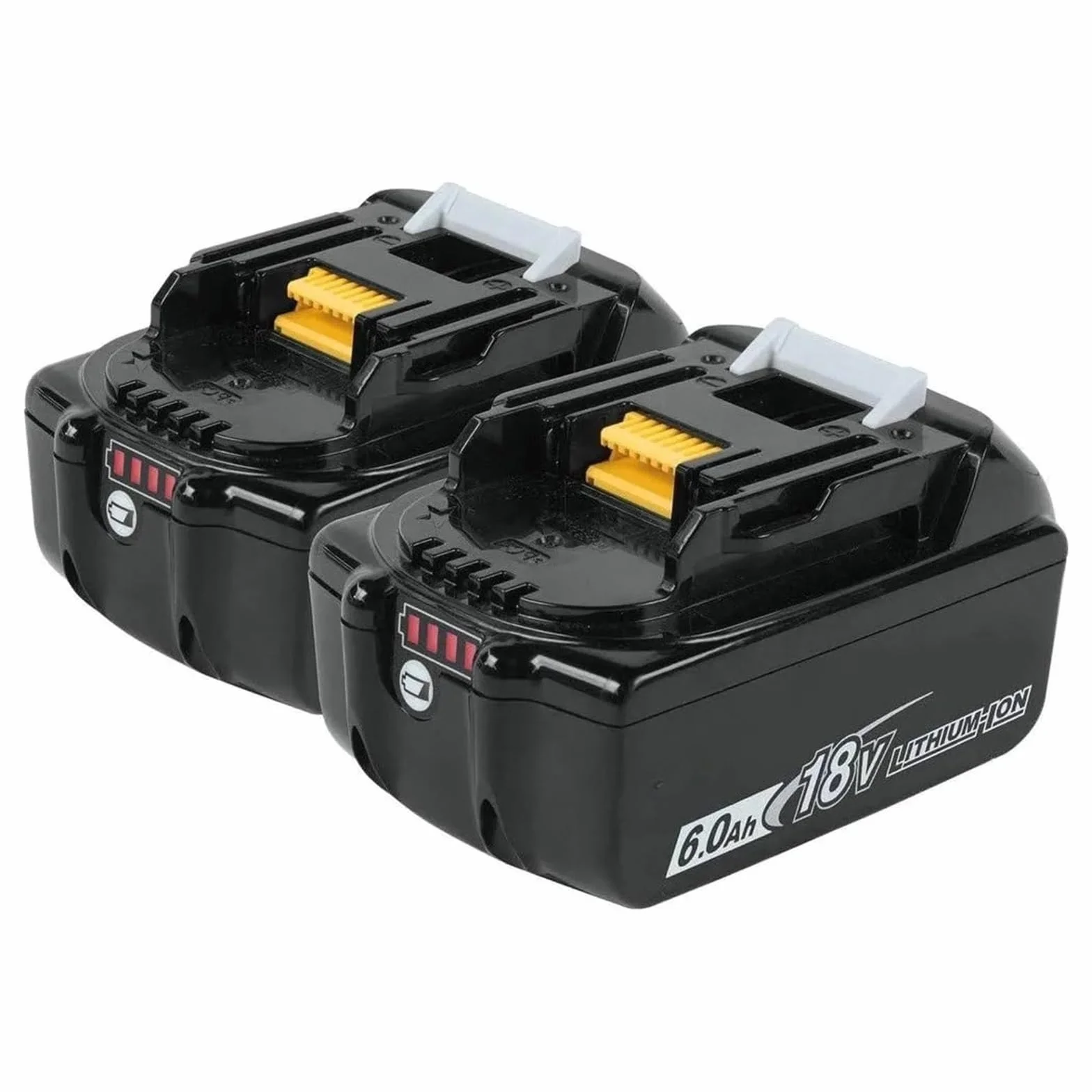 Dwa akumulatory litowo-jonowe, kompatybilne z akumulatorami BL1860B-2 18 V LXT do elektronarzędzi.