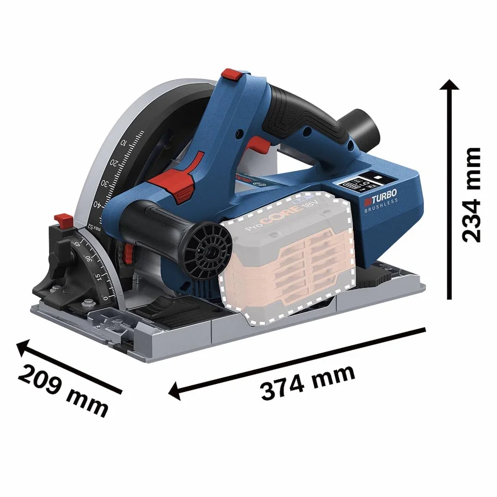 Bosch Professional system 18V: akumulatorowa zagłębiarka tarczowa BITURBO GKT 18V-52 GC (średnica tarczy pilarskiej 140 mm, 1 tarcza pilarska, worek na pył, 1 moduł Bluetooth, walizka L-BOXX)