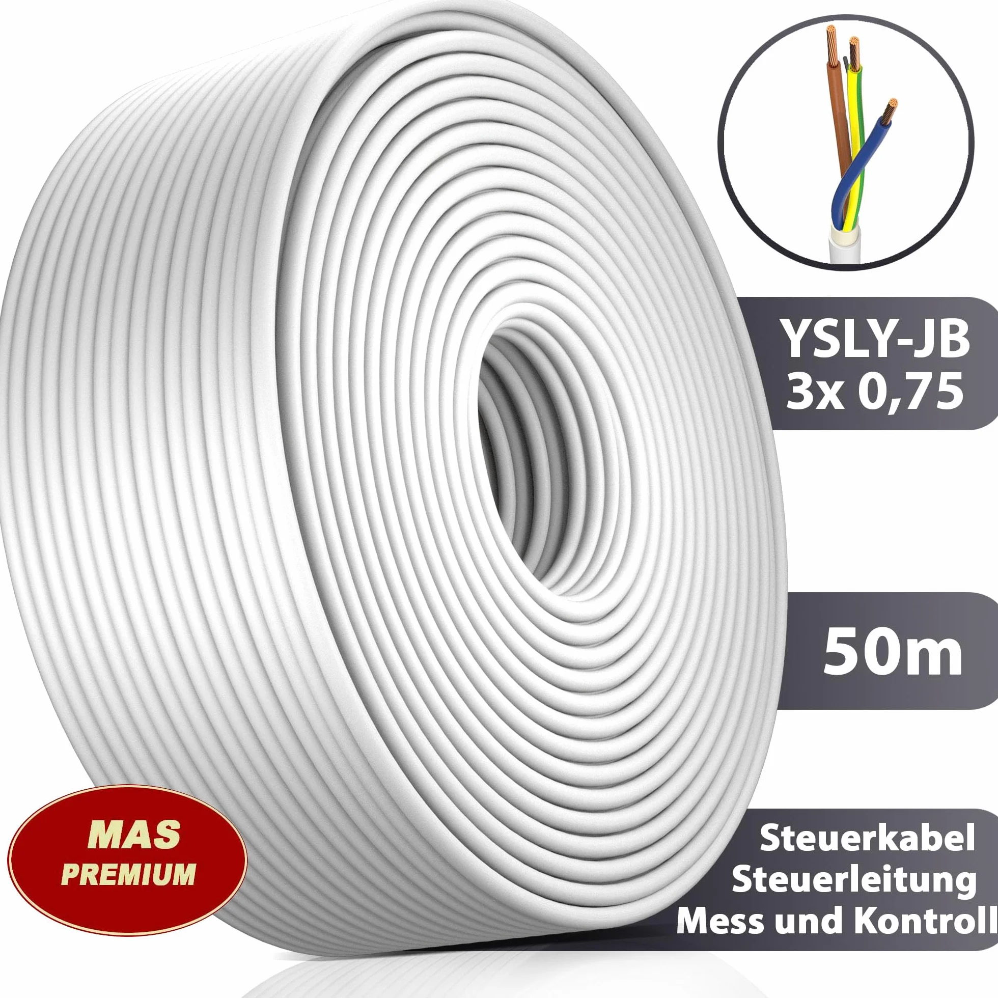 YSLY-JB 3 x 0,75 mm², elastyczny kabel sterujący, szary, do układania, przewód pomiarowy, kontrolny i regulacyjny do obrabiarek, przewód sterujący (50 m)
