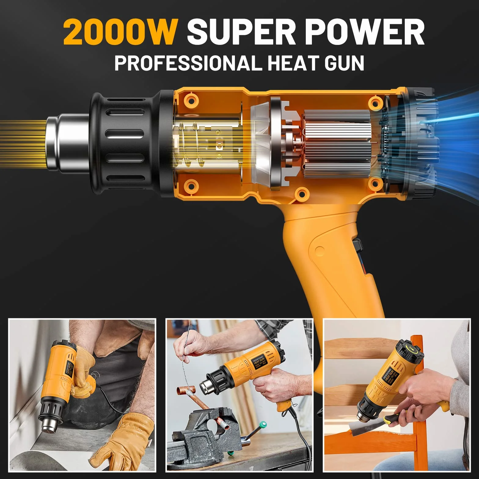 SEEKONE Pistolet na gorące powietrze, zestaw z walizką na narzędzia, dmuchawa na gorące powietrze z zabezpieczeniem przed przeciążeniem (2000 W, 5 dysz, 2 skrobaki, zmienny zakres temperatur
