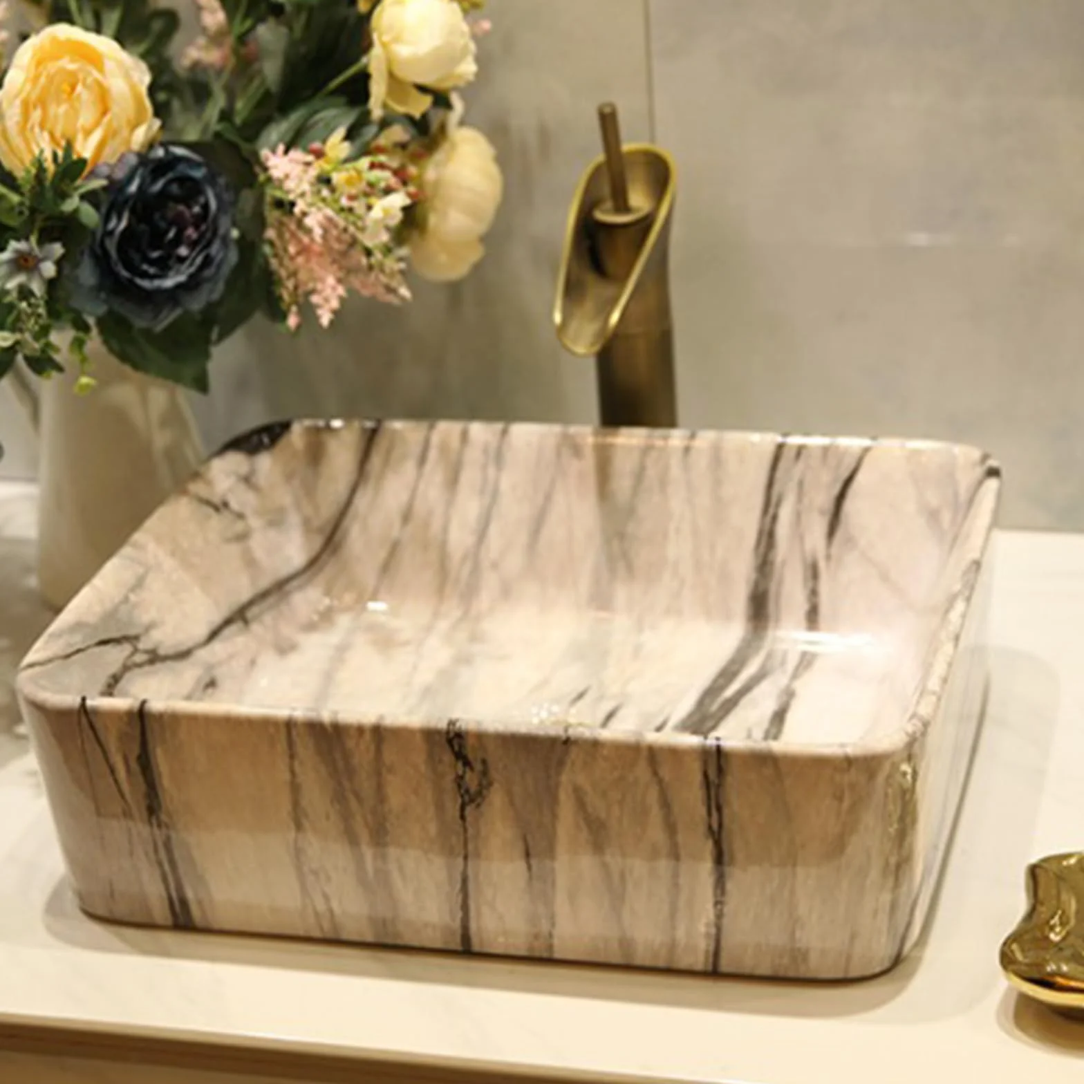Stylowa, Prostokątna, Marmurowa Umywalka Nablatowa Z Odpływem Kranu, Elegancka Ceramiczna Miska Łazienkowa, Umywalka Nablatowa W Nowoczesnym Stylu
