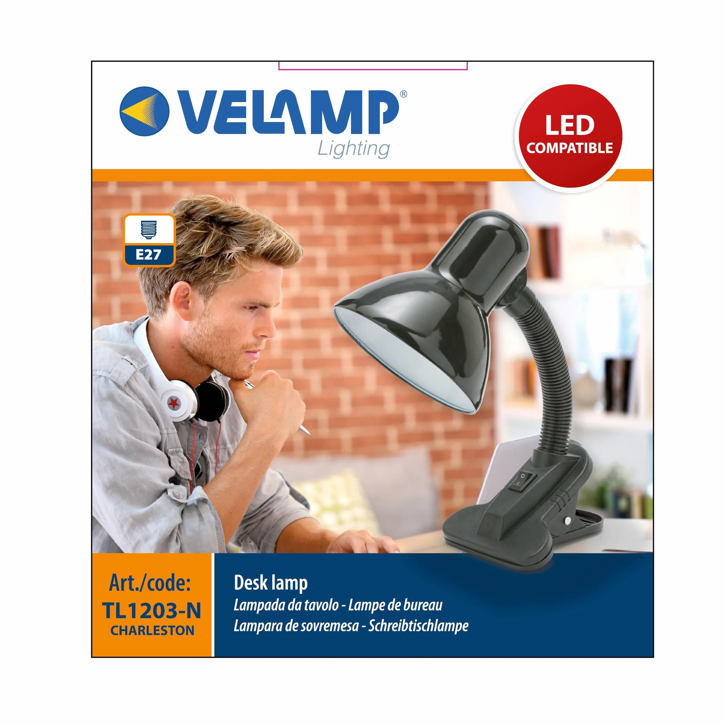 Velamp Lampa z klipsem, E27, kompatybilna z LED, elastyczne ramię, z kablem i przełącznikiem, do pokoju dziecięcego, biurka, metalu, 6 W, czarna