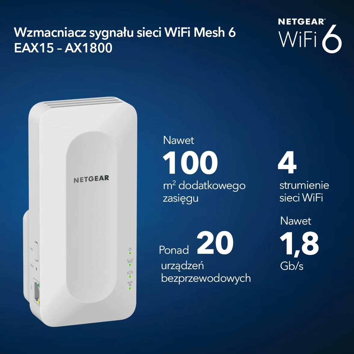 NETGEAR Wzmacniacz sygnału WiFi 6 EAX15 AX1800 Dual-Band do 100 m² 20 urządzeń WPA3 Smart Roaming