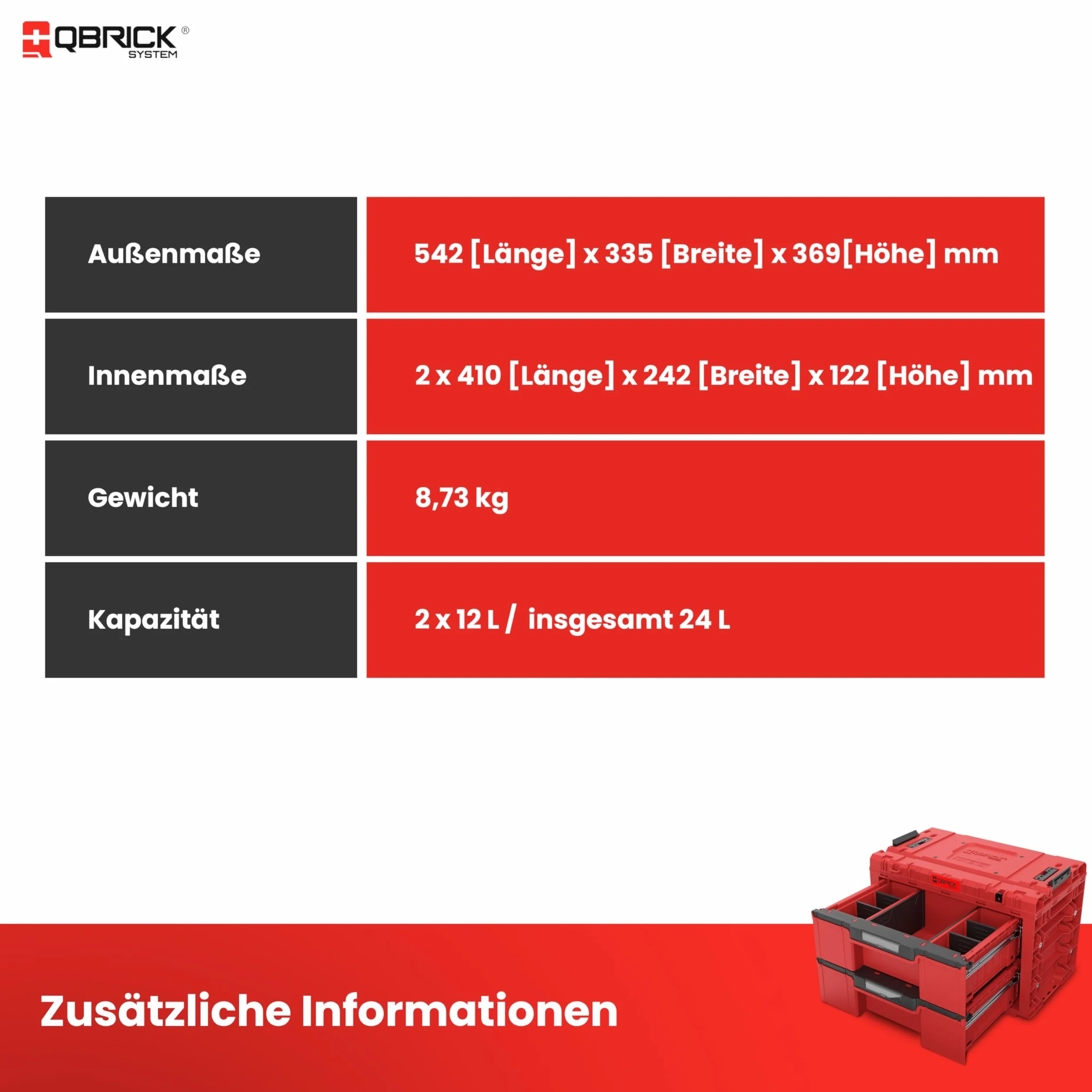 Qbrick System Skrzynka narzędziowa pusta – 2 szuflady – skrzynka na narzędzia – mobilny adapter na kółkach – 542 x 335 x 369 mm – czerwona Ultra HD