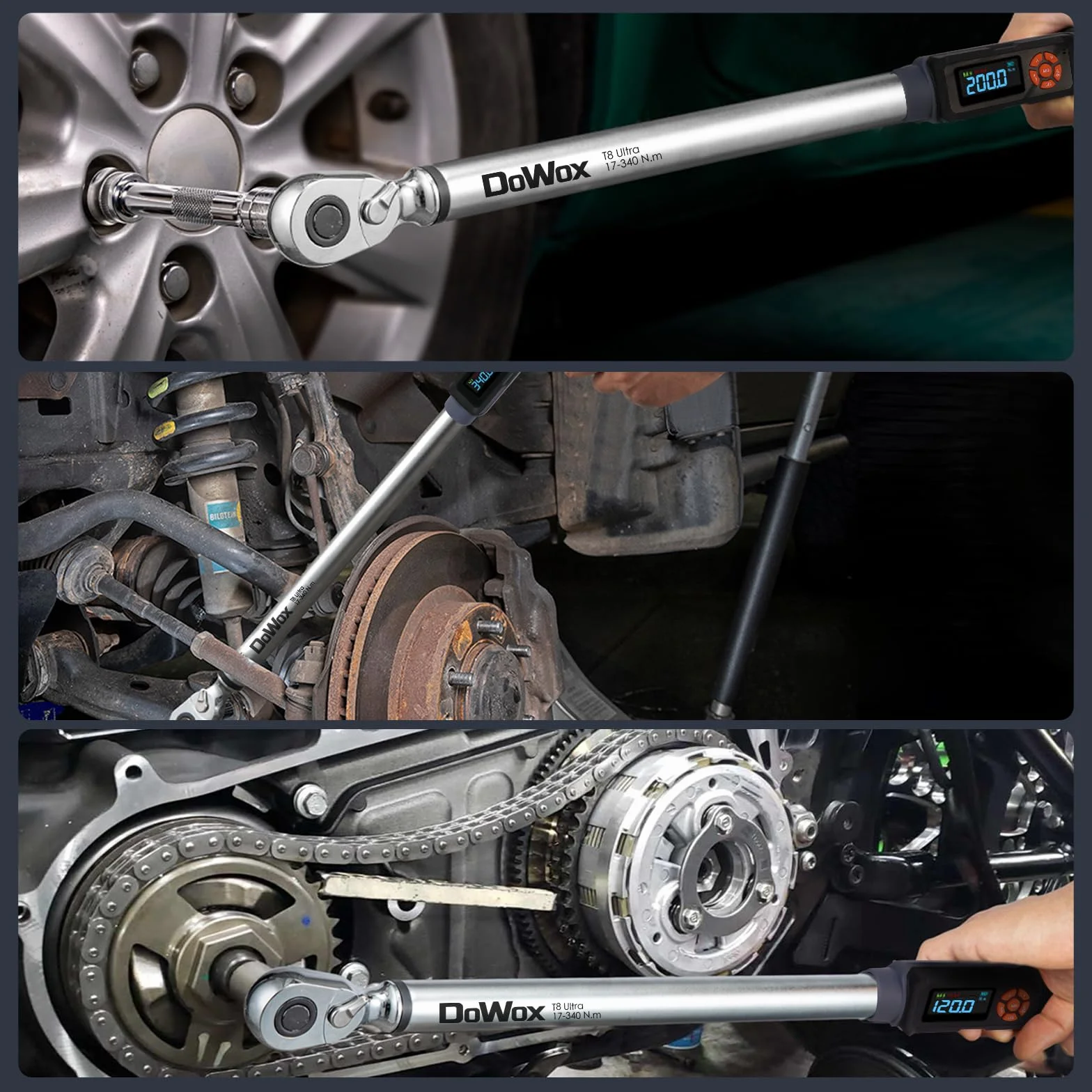 Cyfrowy klucz dynamometryczny 17-340 Nm, napęd 1/2 cala, grzechotka 90-zębowa, alarm wibracyjny LED, zestaw nasadek z 5-calowym przedłużaczem i adapterem 1/2 do 3/8