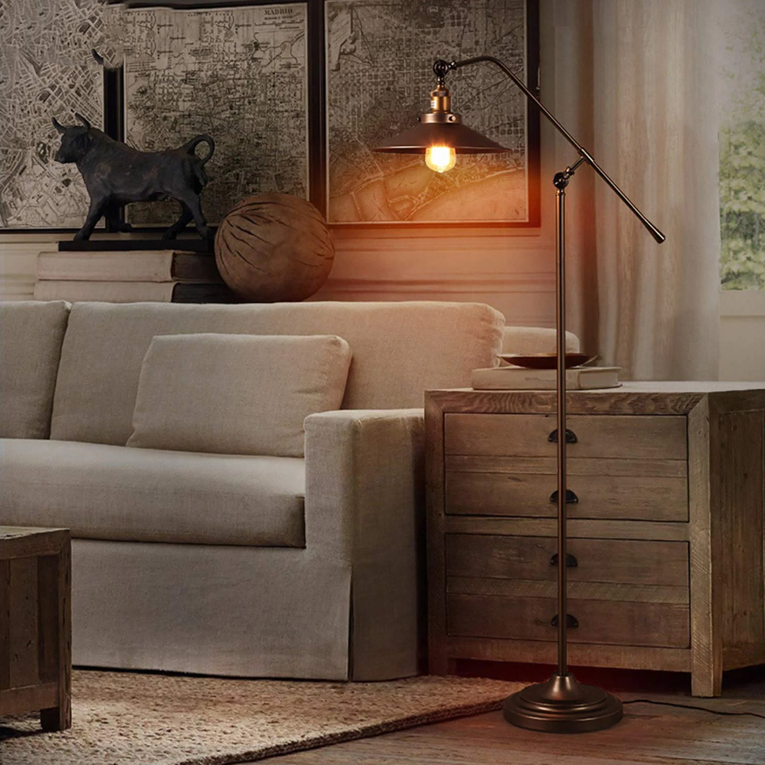 Lampa podłogowa do salonu, regulowana lampa stojąca w stylu industrialnym, gniazdo E27, kabel 2,7 m i przełącznik nożny, do sypialni biura