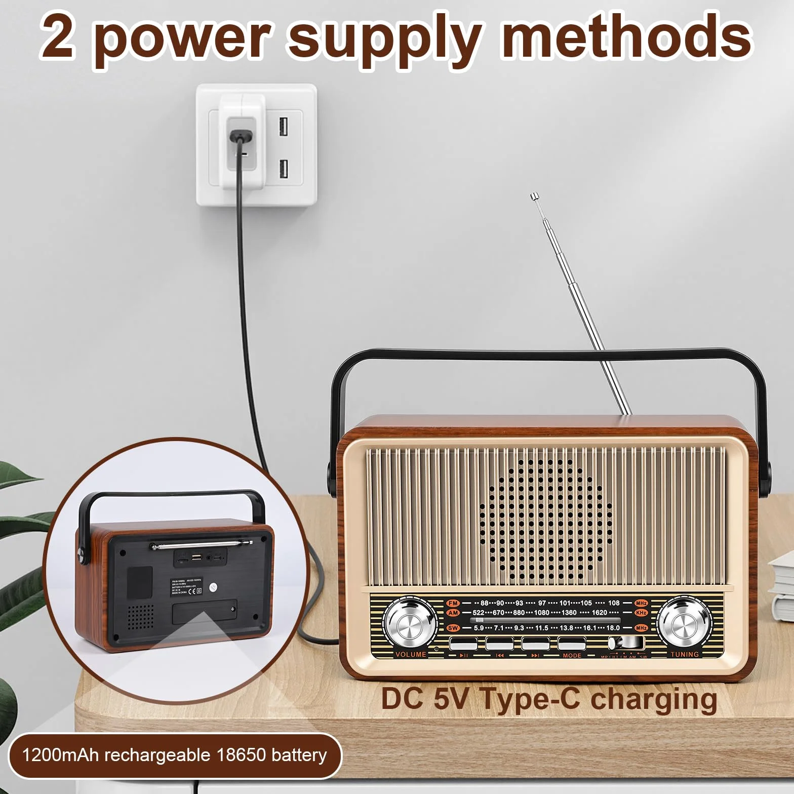 Radio retro Bluetooth 5.1 AM SW FM Vintage z baterią 1200 mAh USB/TF