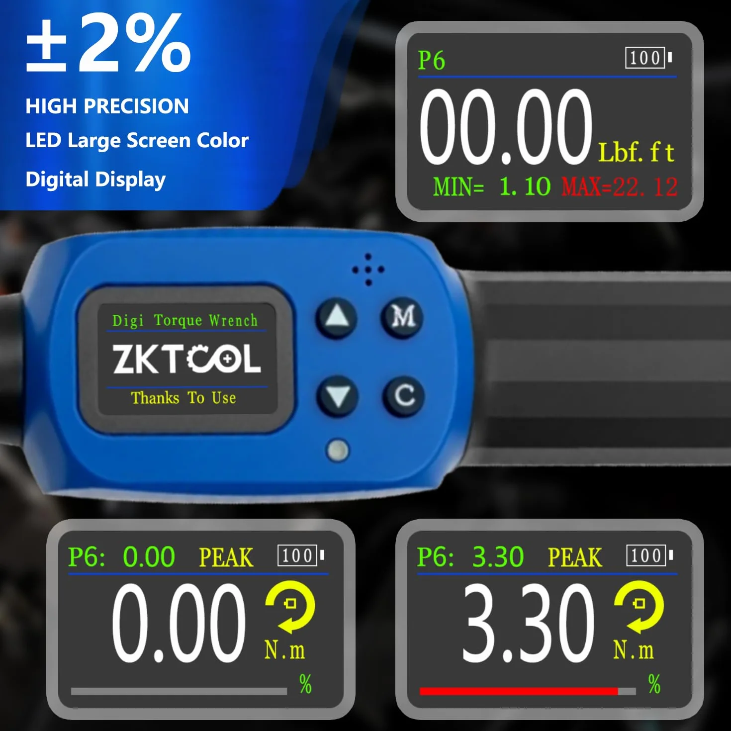 ZKTOOL 3/8" Klucz dynamometryczny cyfrowy, klucz dynamometryczny z grzechotką 3-60 Nm, pięć typów jednostek: Nm, Lbf.ft, Lbf.in, Kgf.cm, Kgf.m, wyświetlacz LED o wysokiej dokładności ±2%