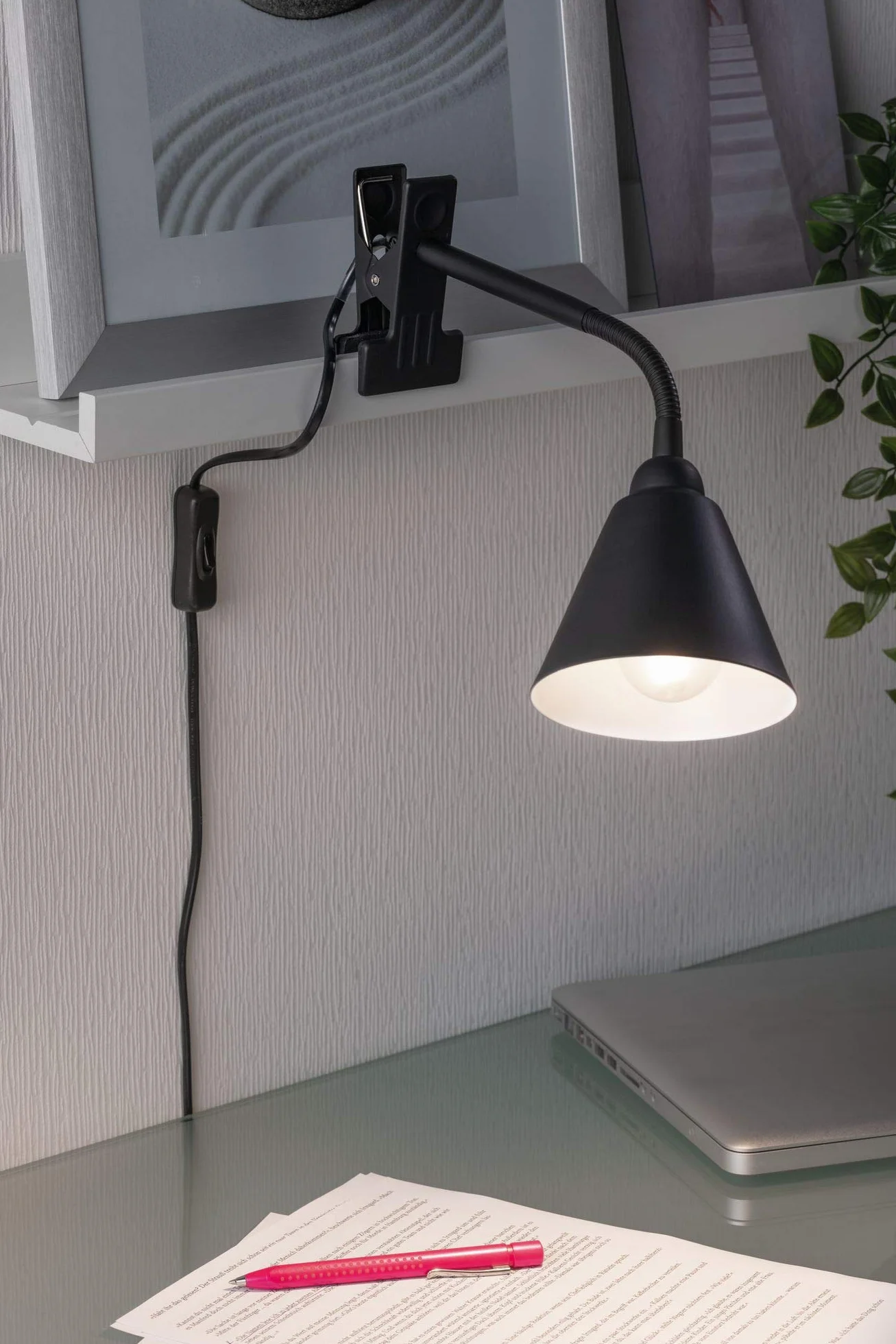 Paulmann 95430 oprawa zaciskowa Vitis z ramieniem elastycznym maks. 20 W lampa wyłącznik przelotowy czarna metalowa tw. sztuczne E14