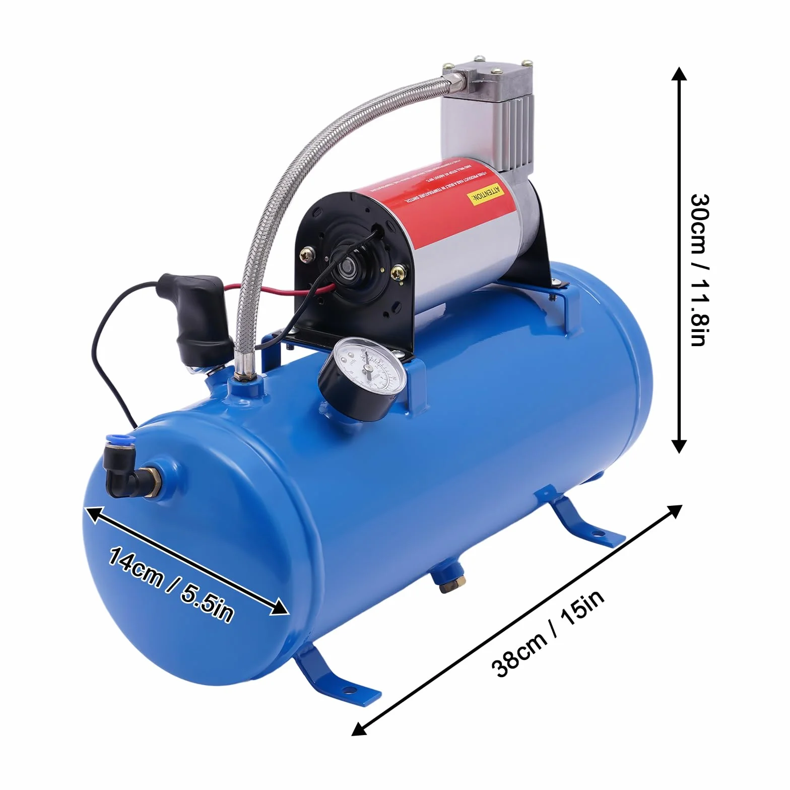 Sprężarka powietrza, DC 12 V, 8 bar, sprężarka powietrza z manometrem, wąż 150 psi, wąż 3,8 m, 6 l, pompa sprężarki powietrza do opon samochodowych, silników samochodowych