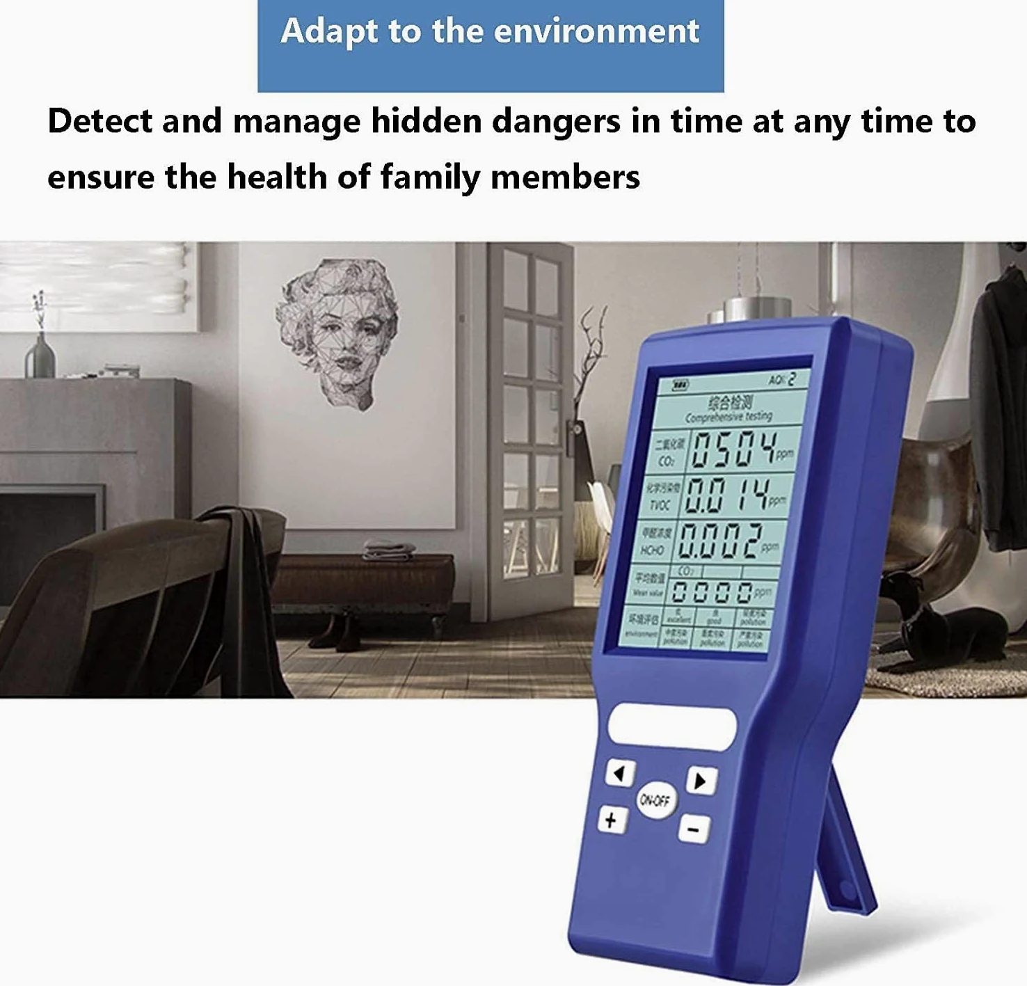 Detektor formaldehydu, niebieski czujnik jakości powietrza, cyfrowy wyświetlacz LCD Analizator gazu Monitor Quality Air Quality for Home Indoor Outdoor