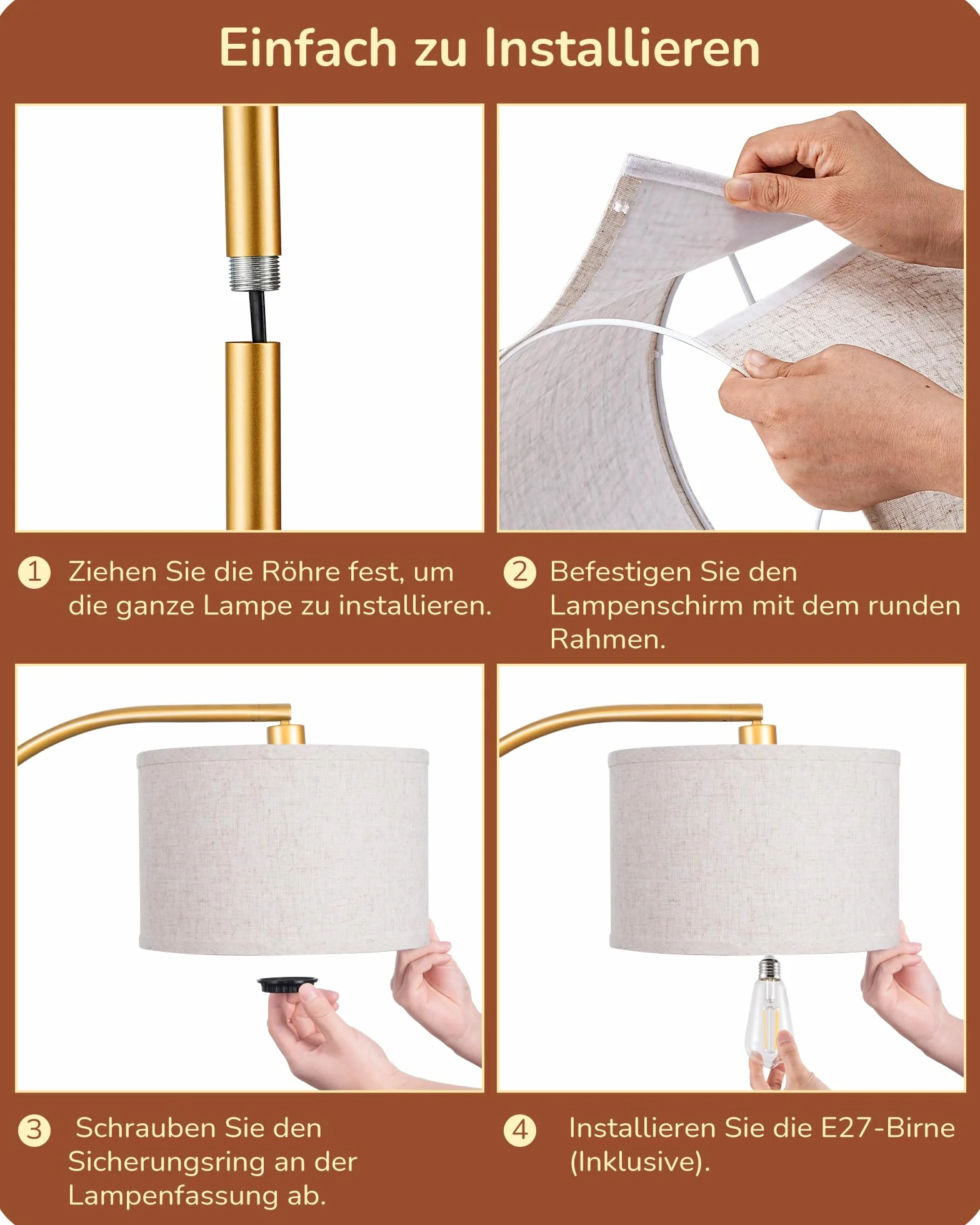 EDISHINE Lampa Stojąca Do Salonu, 161 Cm, Lampa Łukowa Z Regulowanym Beżowym Abażurem Lnianym I Przełącznikiem Nożnym, Z Żarówką LED E27, Lampa Do Czytania Do Sypialni, Nowoczesna Lampa Stojąca