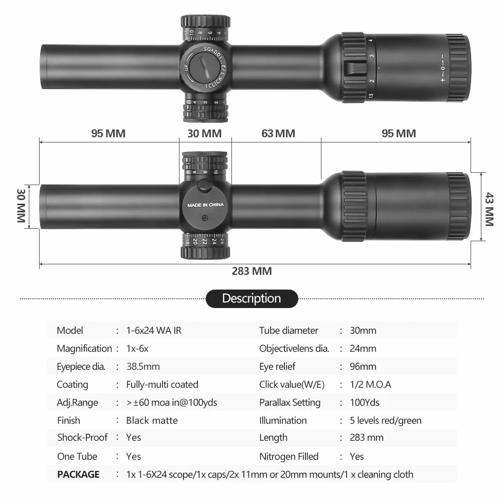 SPINA OPTICS Luneta taktyczna 1-6x24 LPVO podświetlana czerwono-zielona z mocowaniem