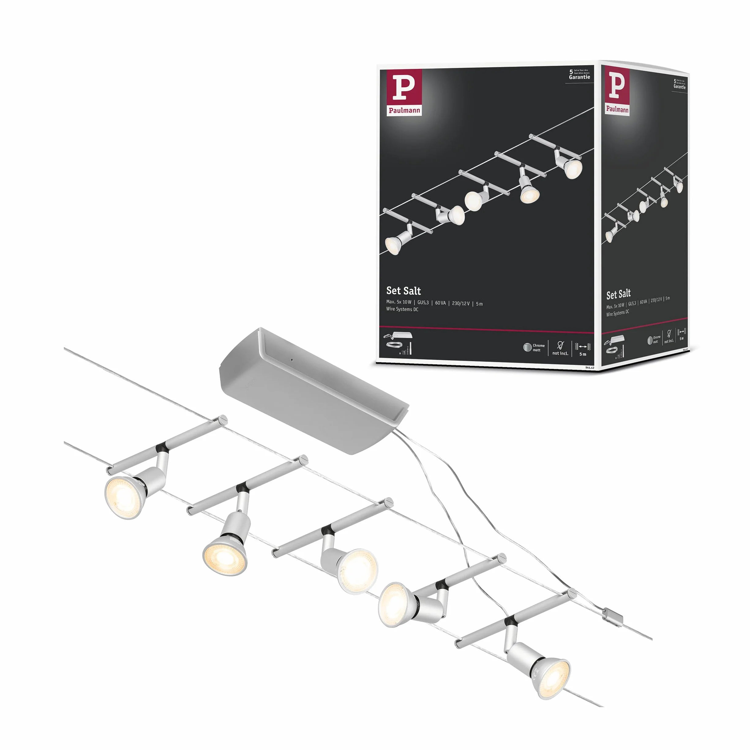 Paulmann 94442 CorDuo system linkowy Set Salt DC maks. 5 x 10 W, z możliwością rozbudowy, chromowany mat, linka metalowa, system linkowy, G5,3, bez żarówek.