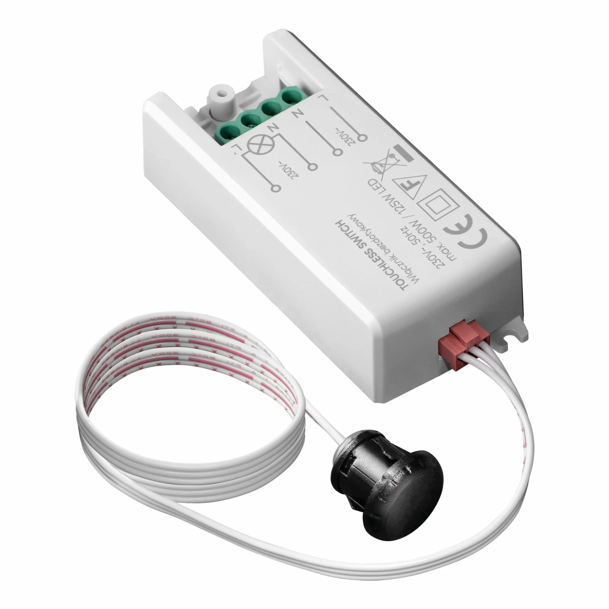 Włącznik Bezdotykowy Dwubiegunowy do Sterowania Oświetleniem Standardowym i LED Montaż do Puszki Ø13 mm Zasięg Detekcji max.5 cm IP20