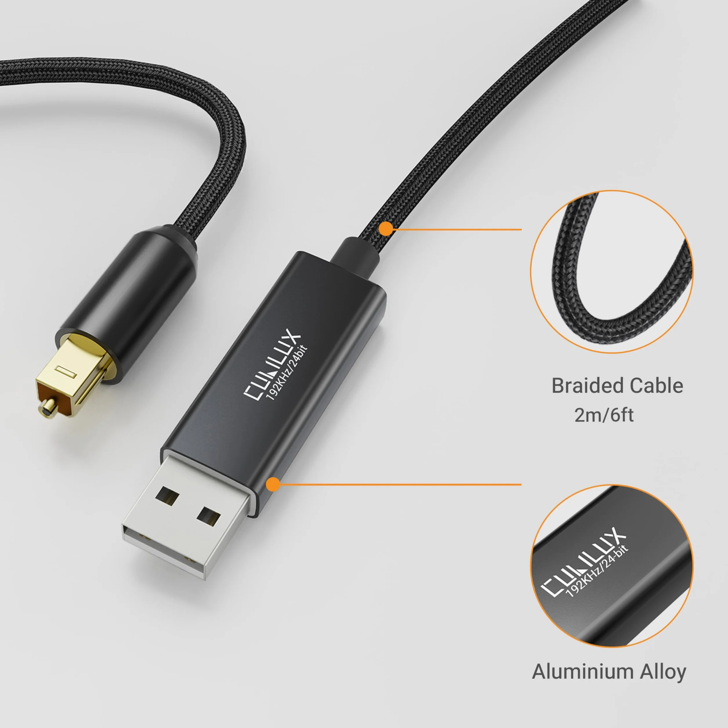 Cubilux Kabel Audio Optyczny USB A do TOSLINK SPDIF, Jednokierunkowy Konwerter Cyfrowy, Transmiter Audio do Komputera PC i Laptopa, Nie Działa z TV ani Konsolą, 6.6 ft / 2 m