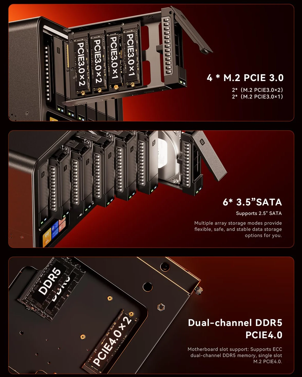 AOOSTAR WTR MAX 11 Bay Desktop NAS mini PC, NAS Server Ryzen 7 PRO 8845HS bez pamięci RAM bez SSD, 6 * 2,5"/3,5" SATA HDD, 4*sloty M.2 NVMe, 2x10GbE, 2x2,5GbE, OCuLink, HDMI 4K, NAS pamięć sieciowa