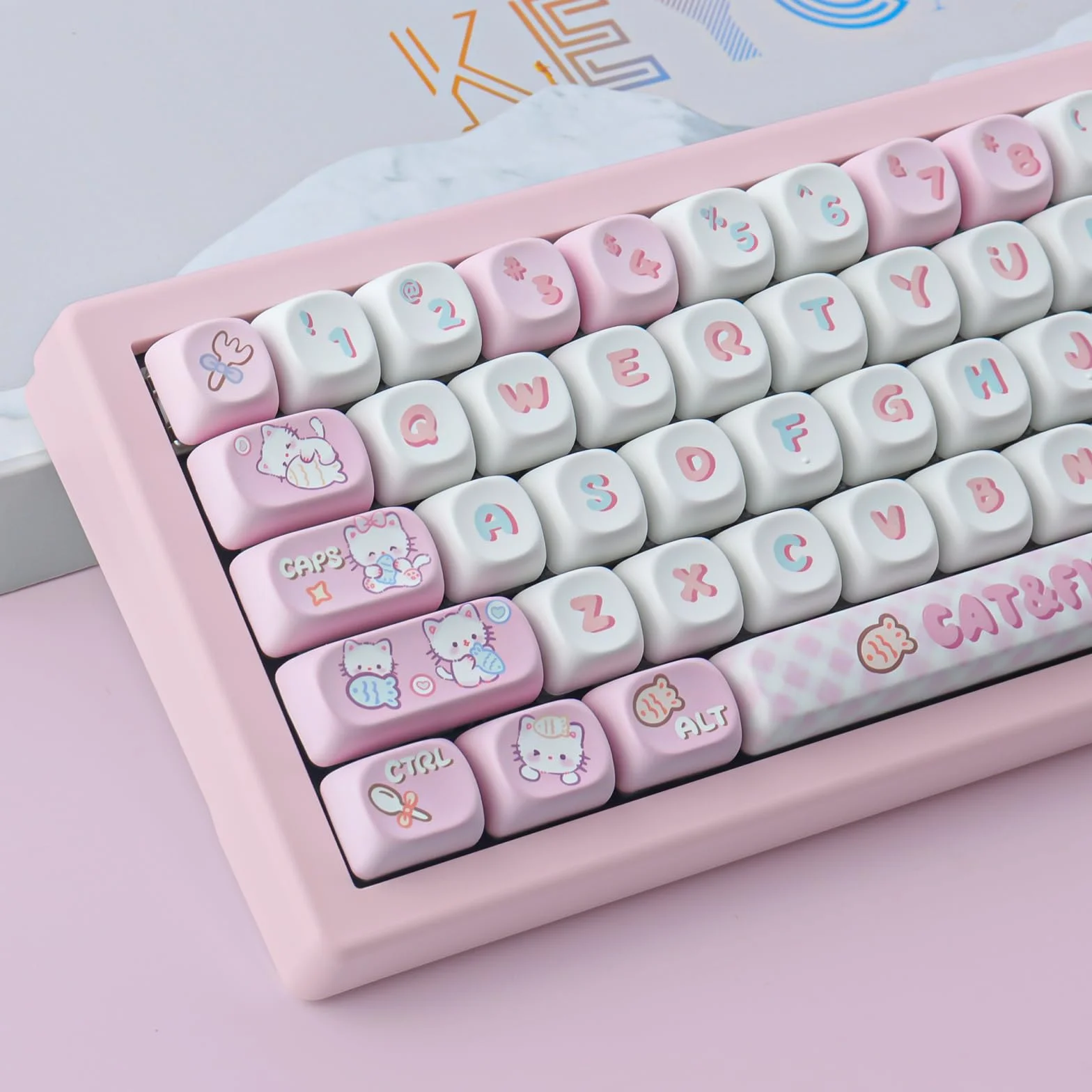 PBT Cute Kitty-cat Keycaps Set 140 Keys Dye-Sublimation MOA Profile for Cherry Gateron MX Switches Mechanical Keyboards