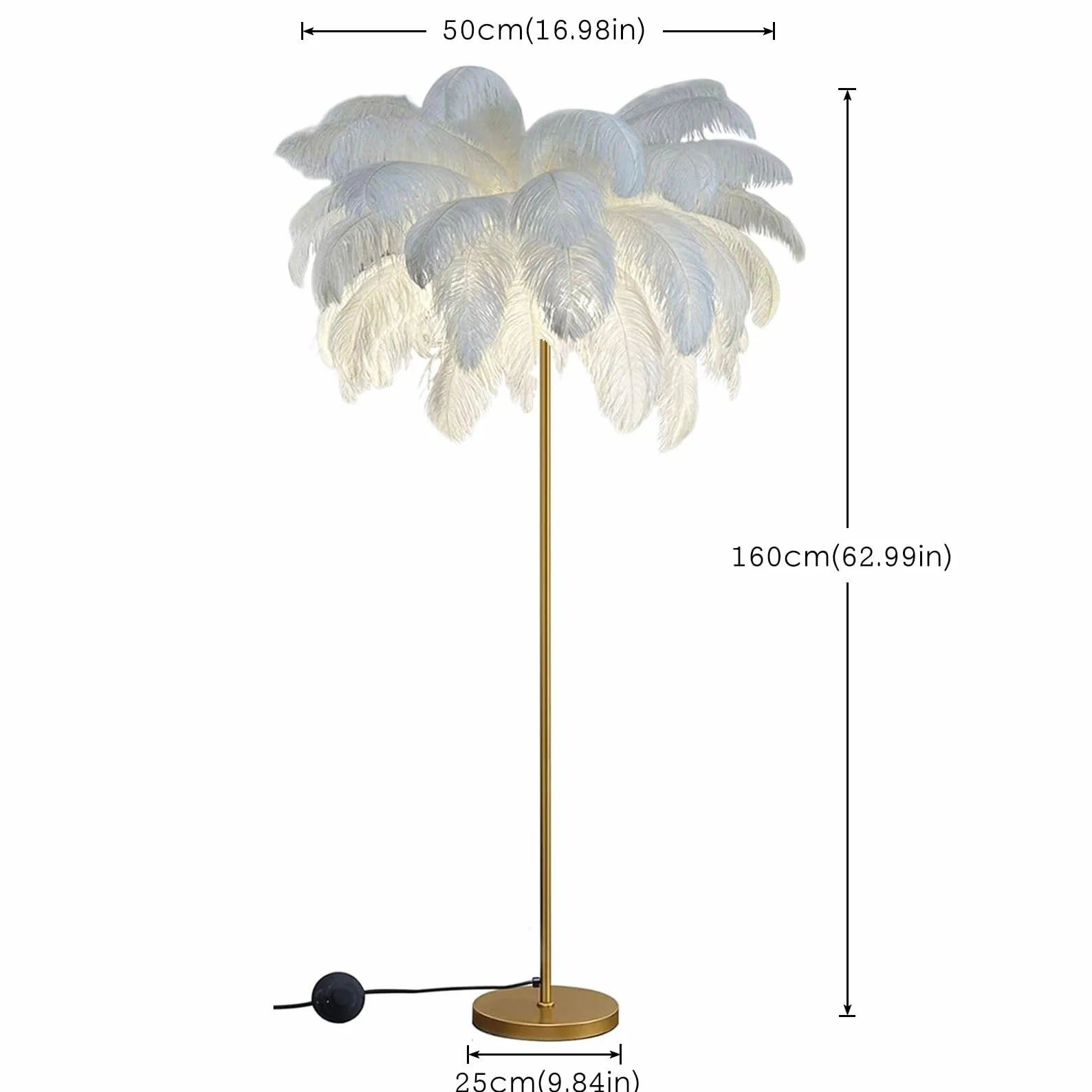 Lampa podłogowa z piór, lampa stojąca z naturalnych strusich piór, prosta lampa dekoracyjna do sypialni i salonu, ze złotym korpusem, 3 kolorami ściemniania i żarówką LED G4
