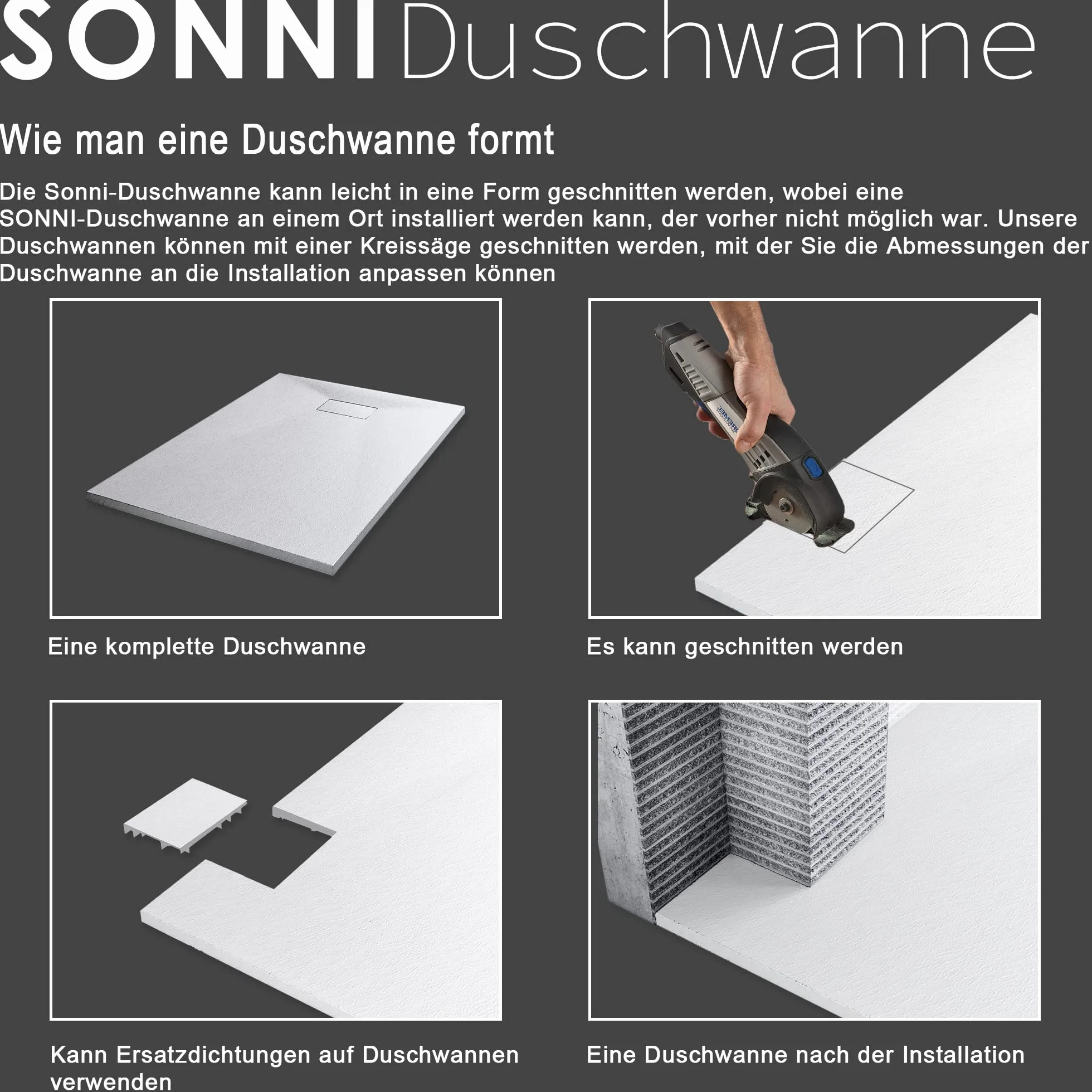 SONNI Brodzik prysznicowy 120 x 80 cm, wygląd łupka i antypoślizgowa struktura, super płaski brodzik prysznicowy, dostępne wszystkie rozmiary, łącznie z syfonem