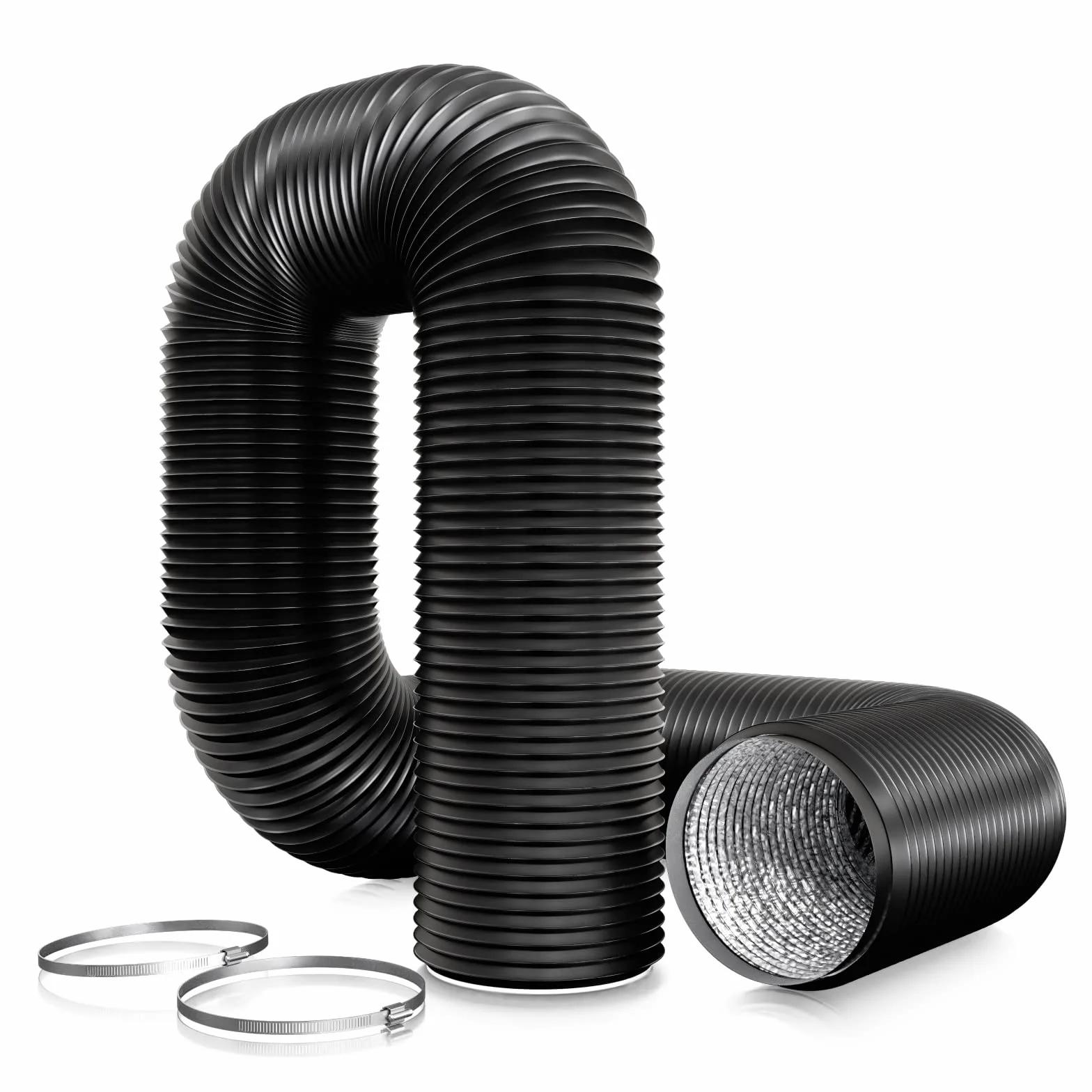 Aygrochy Aluminiowy kanał wentylacyjny PCW z 2 zaciskami, elastyczny wąż kanału powietrznego 100 mm do uniwersalnej suszarki bębnowej, okapu kuchennego, wentylatora wyciągowego (100 mm x 3 m)