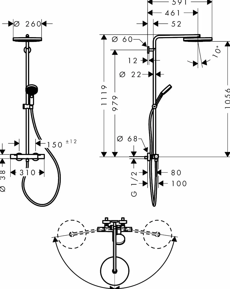 hansgrohe Pulsify S Puro - komplet prysznicowy z termostatem, zestaw prysznicowy z główką prysznicowa 3-strumieniowa, wąż, szyna i deszczownica okrągła (⌀ 260 mm), brąz szczotkowany, 24236140