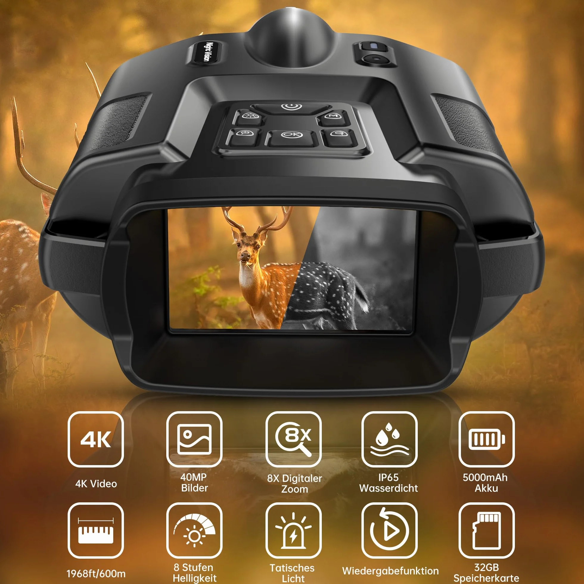 Noktowizor 4K 5000 mAh 3" 600 m 8x cyfrowy zoom IP65 z kartą TF 32 GB