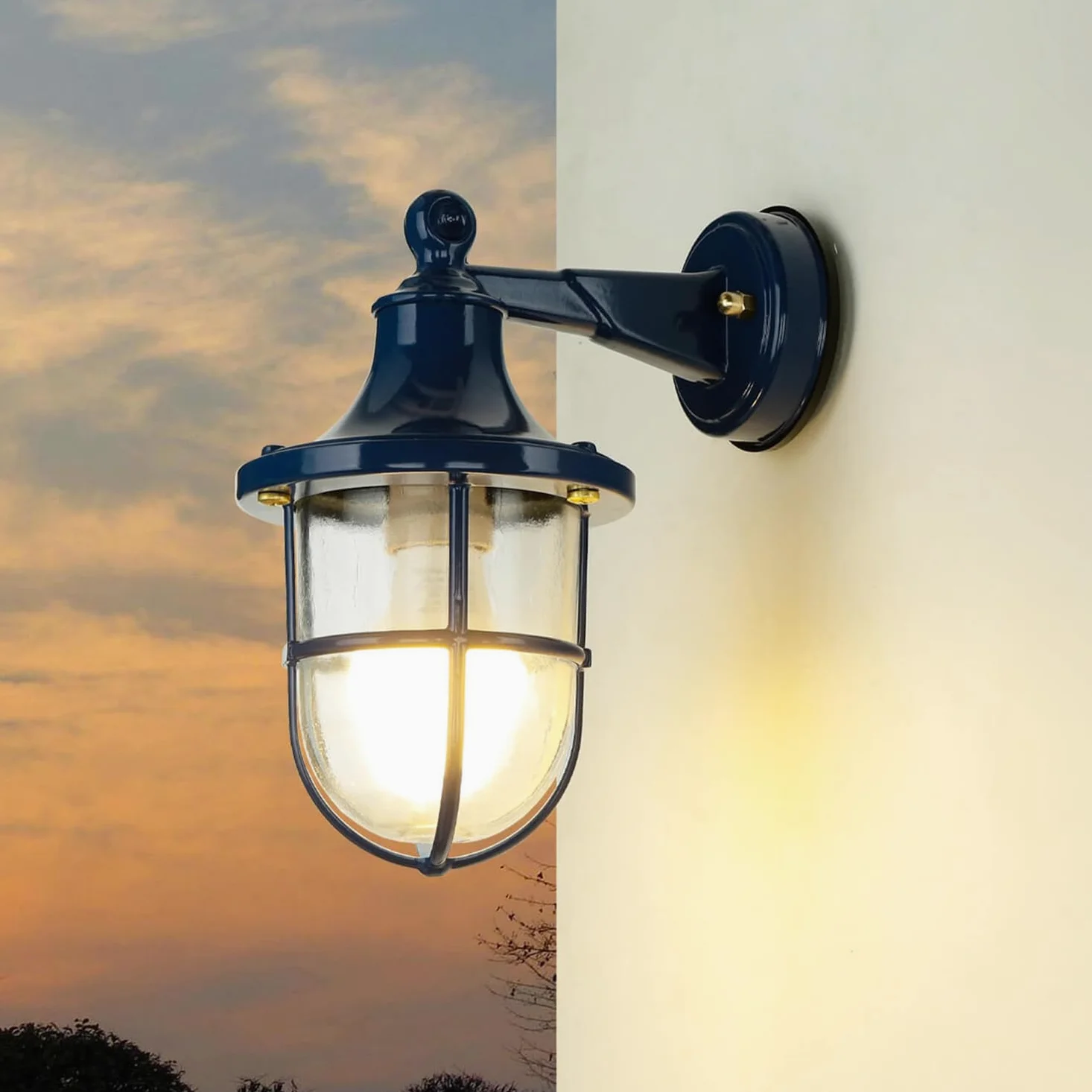 Zewnętrzna lampa okrętowa, mosiężna, niebieska, zewnętrzna lampa ścienna morska, nostalgiczna, rustykalna, IP64, D:22 cm E27, dom, ogród, lampa tarasowa