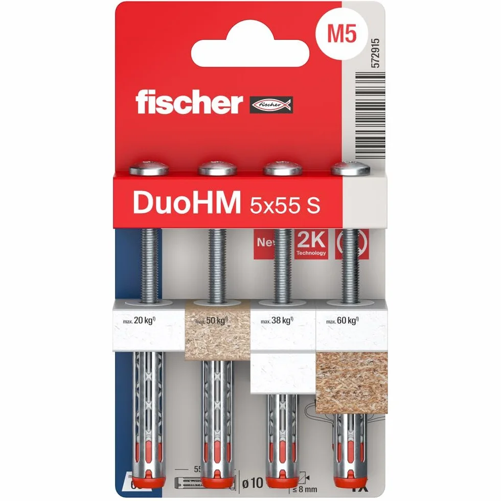 fischer 572915 DuoHM kołki rozporowe, 5 x 55 S TX ze śrubą metryczną i napędem TX do mocowania wsporników telewizyjnych, świateł, półek ściennych itp. w materiałach budowlanych panelowych (4 sztuki)