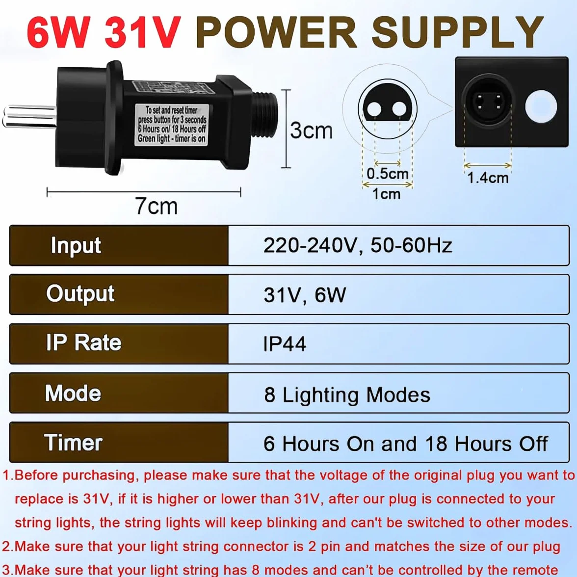 Redefun Transformator do oświetlenia bożonarodzeniowego, 31 V, 6 W, zasilacz sieciowy, 8 trybów migające gniazdko z timerem, adapter IP44 do oświetlenia bożonarodzeniowego, zamiennik 2-biegunowej
