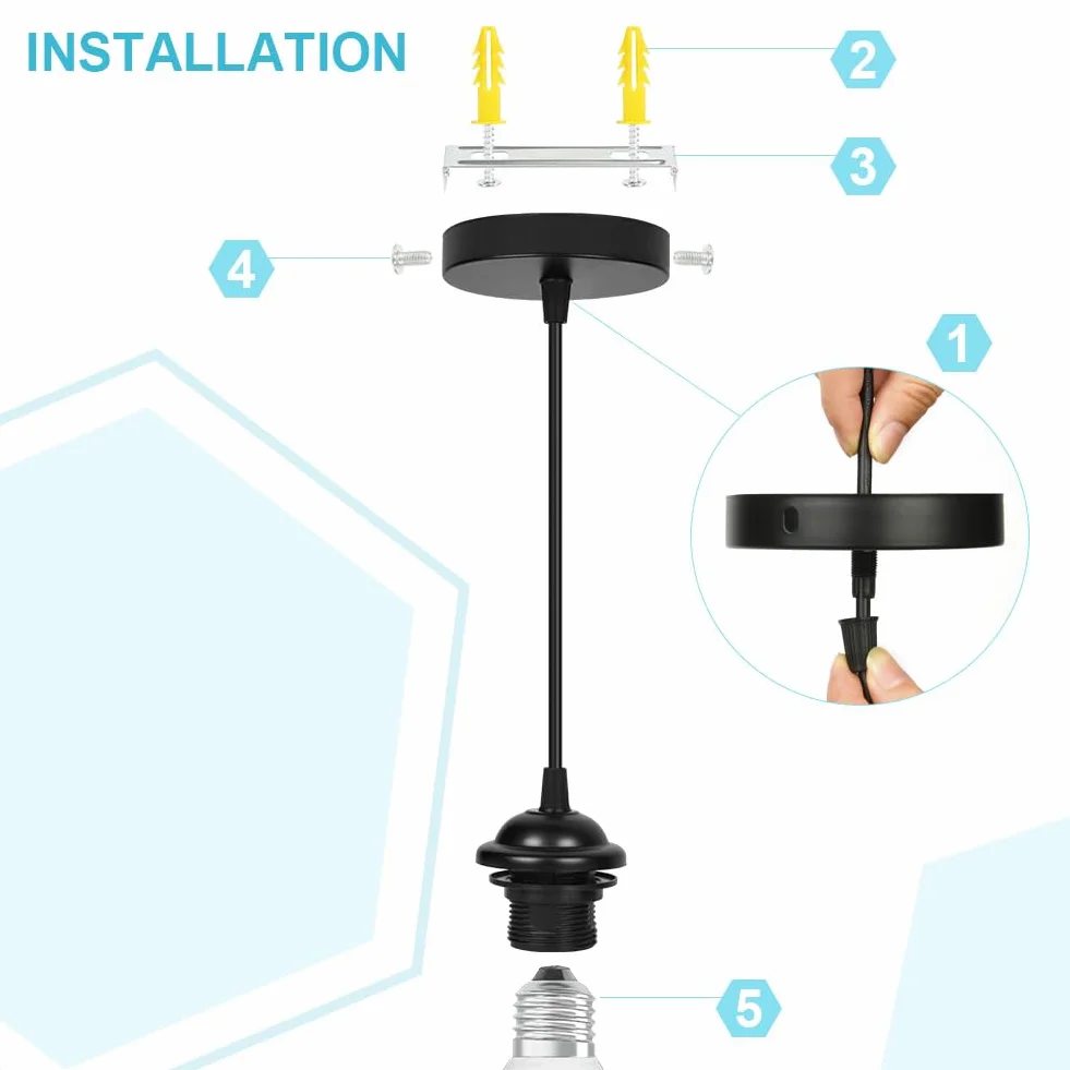 AUAUY Zestaw 2 szt. oprawek E27, czarna, z pierścieniem śrubowym, oprawka E27 do lampy wiszącej, z regulowanym kablem o długości 90 cm, do sufitu kuchni, jadalni