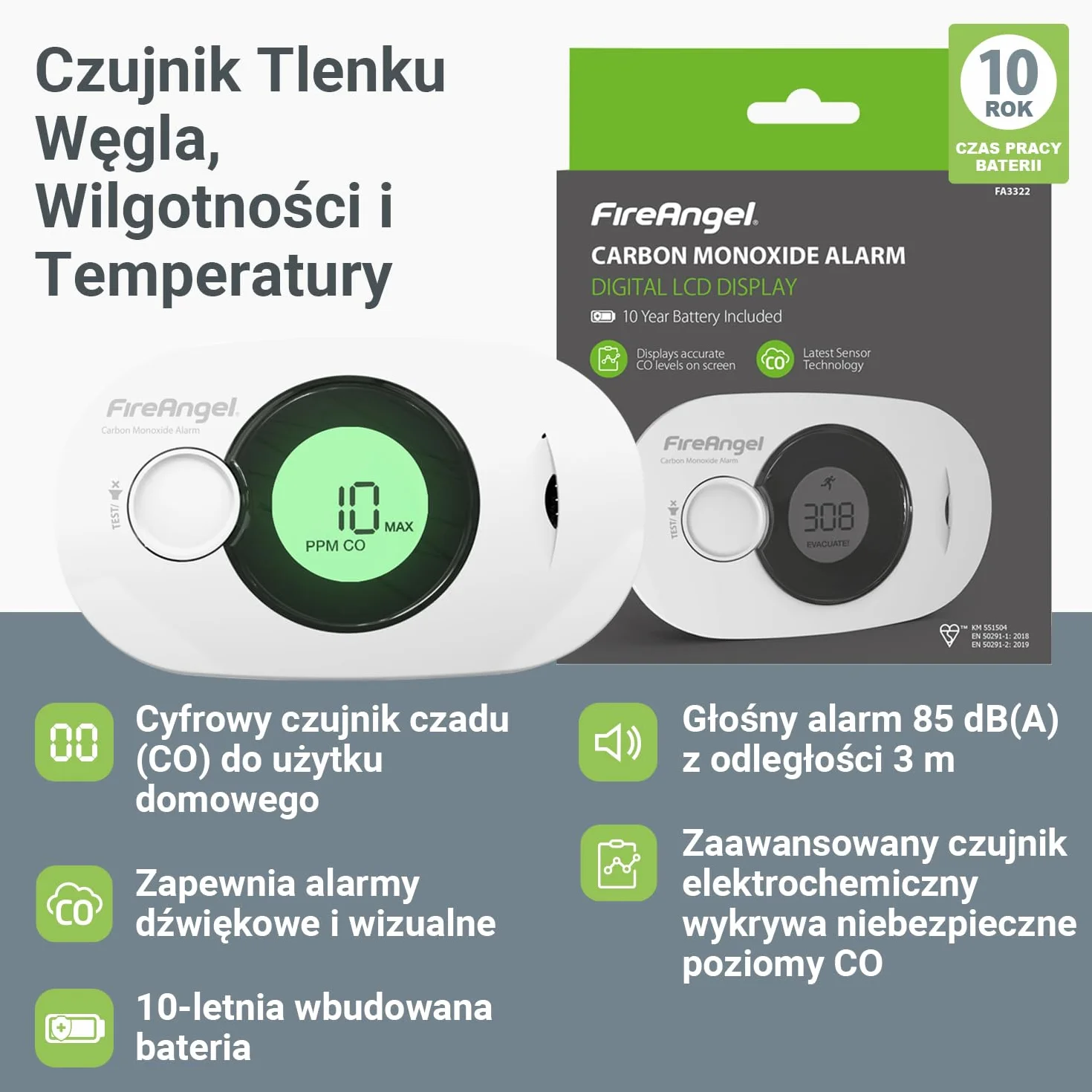 Fire Angel FA3322 Cyfrowy Czujnik Czadu - Czujnik Wilgotności, Baterią na 10 Lat – Przenośna Czujka Czadu i Detektor Ciepła do Domu i w Podróży