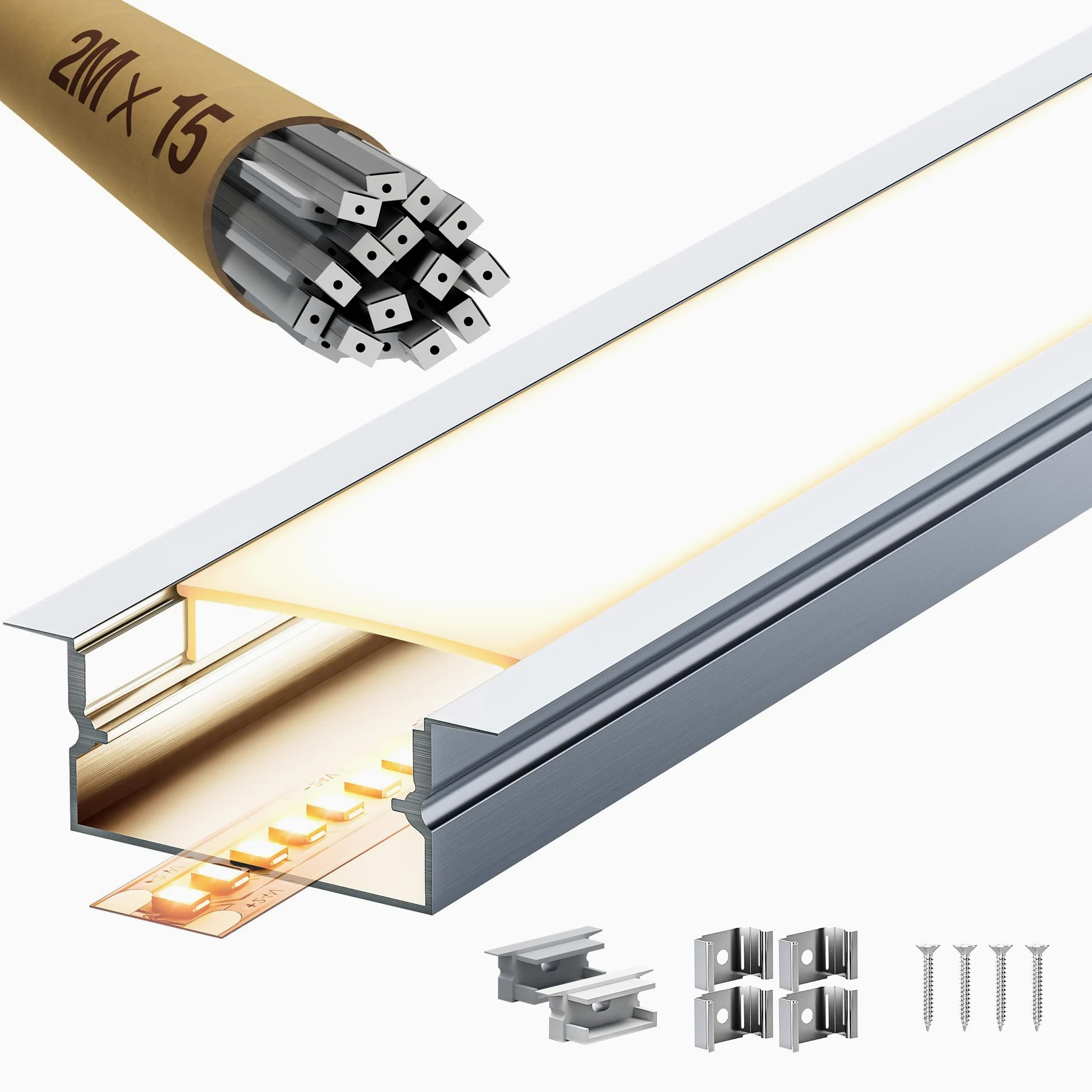 15 x 2 metry profili aluminiowych do taśm LED (30 mt), kanał kablowy z matową osłoną, maks. 16,7 mm, profil aluminiowy 26,7 x 10 mm