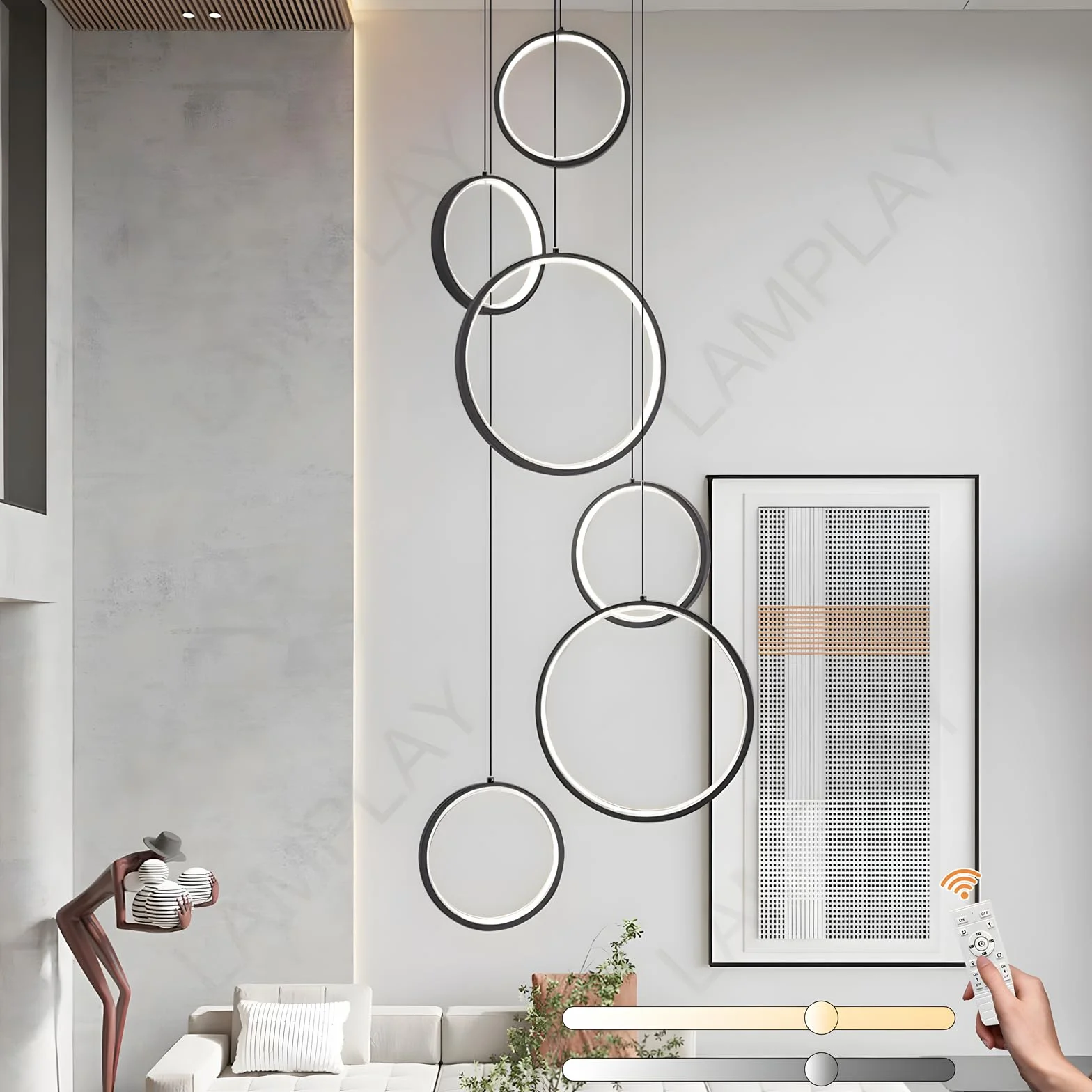 LED Długi Żyrandol Schodowy, Nowoczesna Lampa Na Wysoki Sufit Z 6 Czarnymi Pierścieniami, Lampa Wisząca DIY Z Regulacją Wysokości, Ściemniana Za Pomocą Pilota 3000K-6000K, Schody, Willa