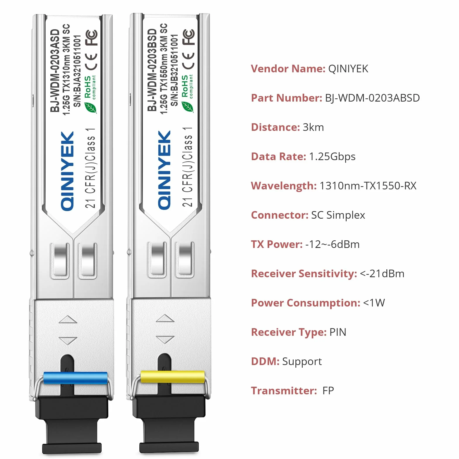 1 para modułów simplex SC 3 km, jednomodowe złącze światłowodowe 1,25 G, SFP-WDM-SM 1000BASE BiDi 1310nm/1550nm moduł nadawczo-odbiorczy SFP