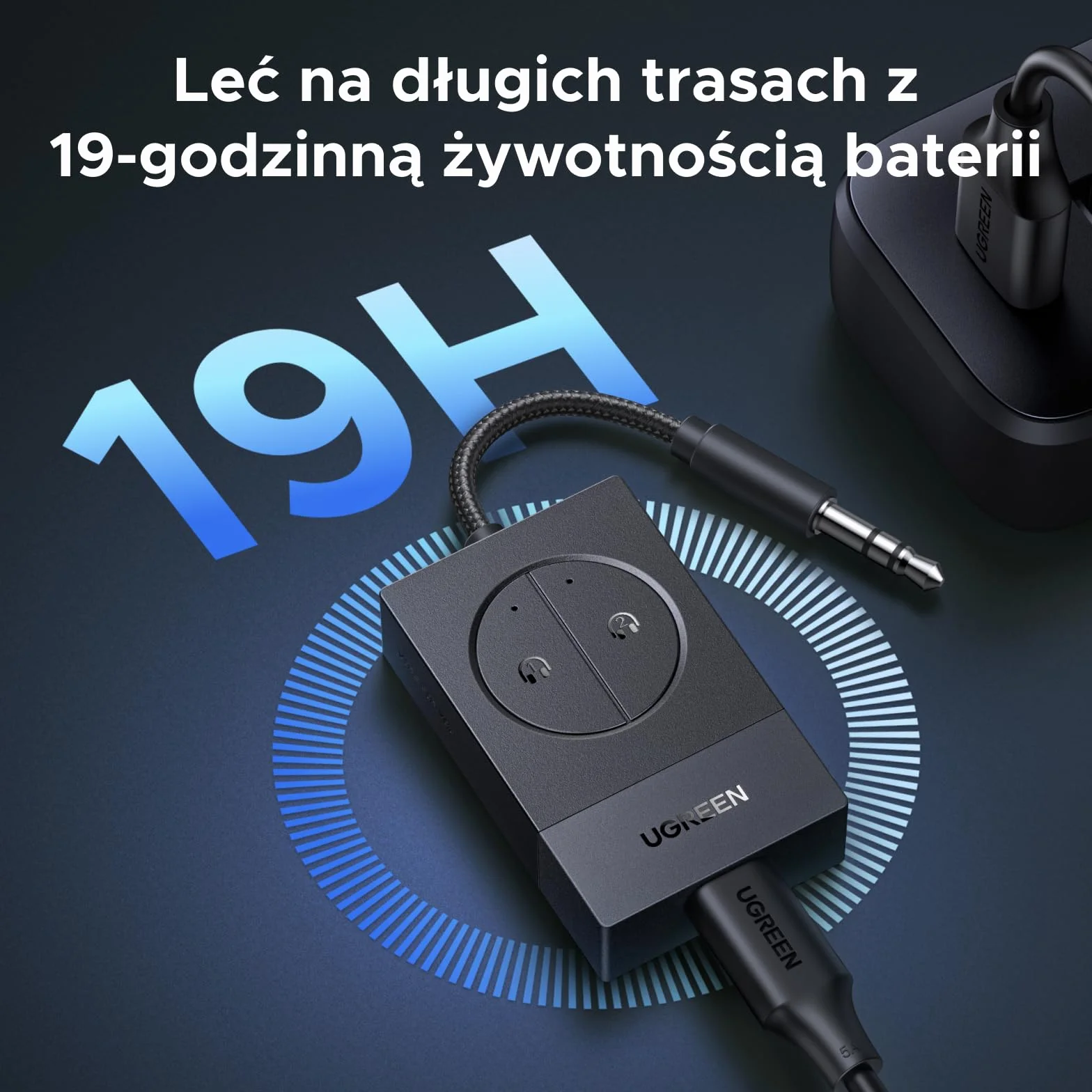 UGREEN Adapter Bluetooth 5.4 do samolotu, nadajnik AUX 3,5 mm, 19h baterii